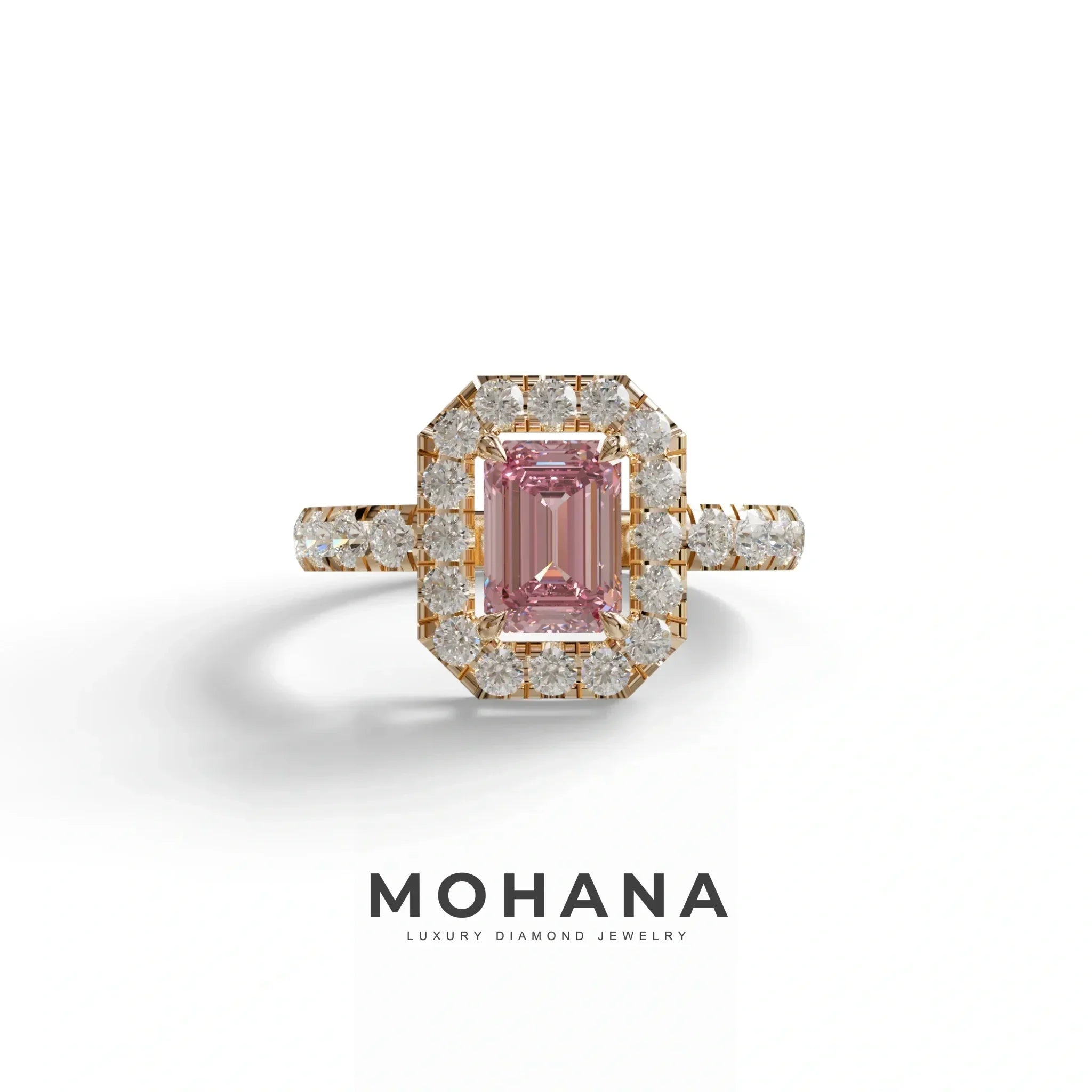 1 Carat Fancy Vivid Pink Emerald Cut Lab Diamond Halo Engagement Ring - Freesia - 10K Solid Gold / Rose Gold