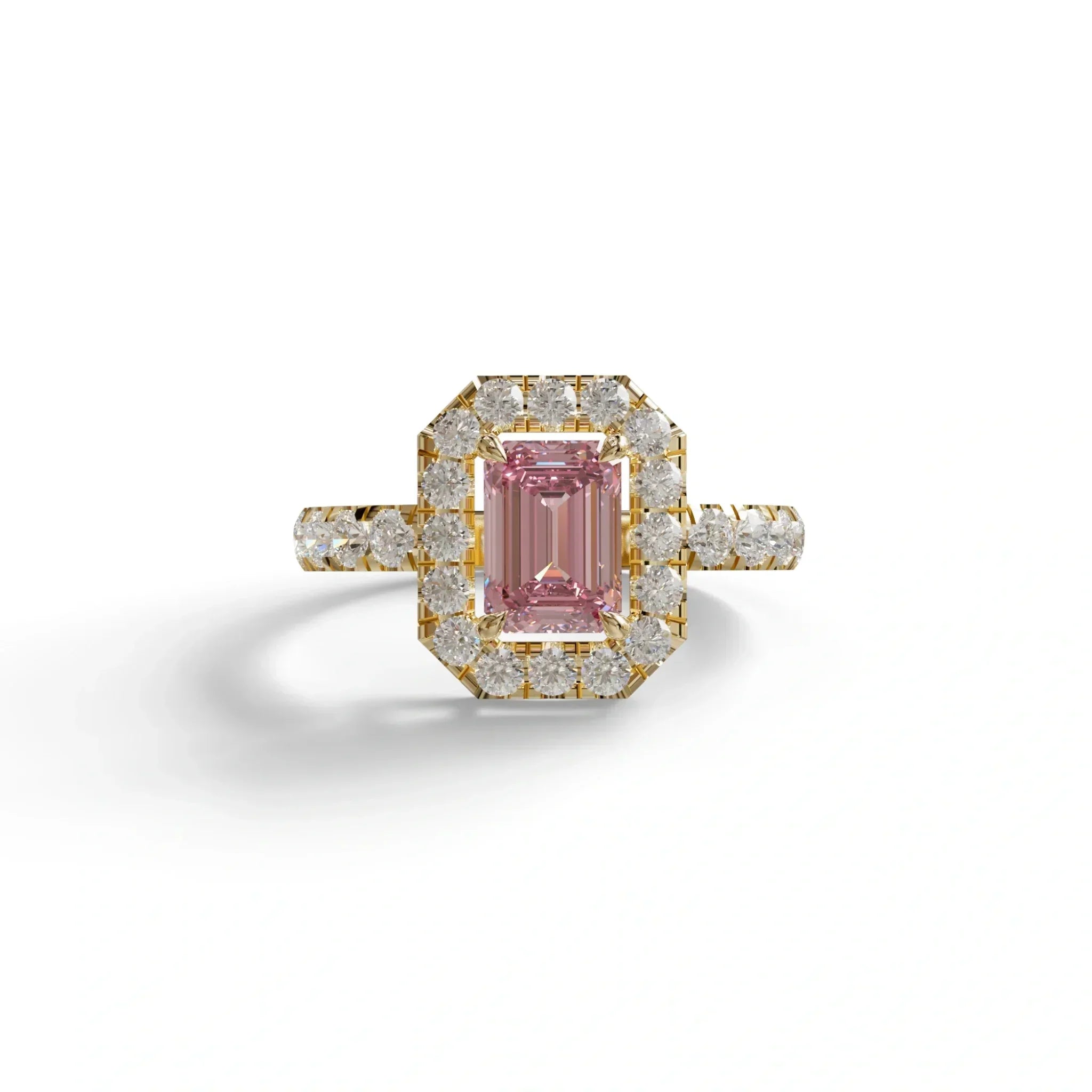 1 Carat Fancy Vivid Pink Emerald Cut Lab Diamond Halo Engagement Ring - Freesia - 10K Solid Gold / Yellow Gold