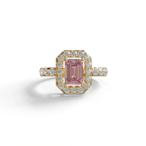 1 Carat Fancy Vivid Pink Emerald Cut Lab Diamond Halo Engagement Ring - Freesia - 10K Solid Gold / Yellow Gold