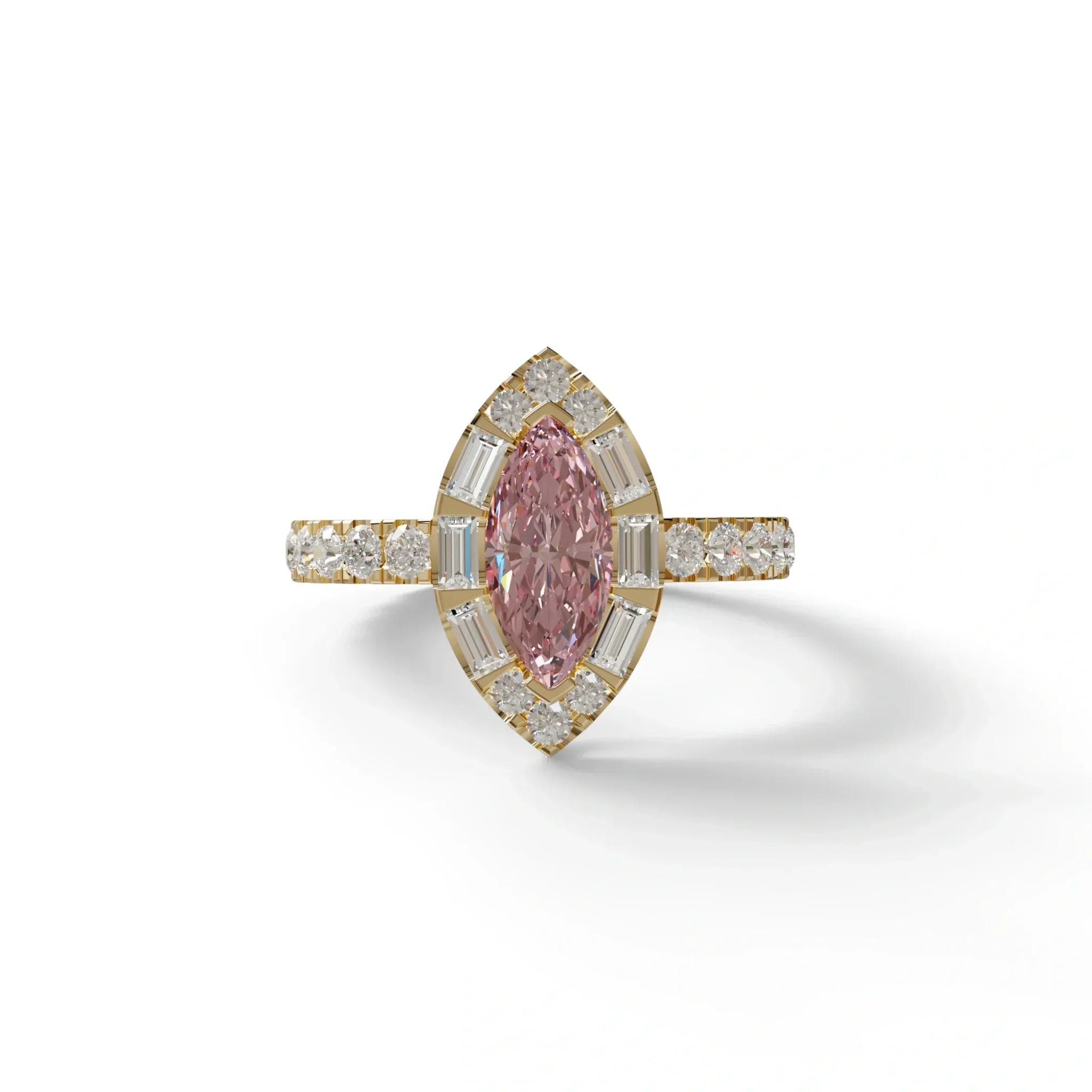 1 Carat Pink Marquise Halo Pave Lab Grown Diamond Ring - Luxe - 10K Solid Gold / Yellow Gold