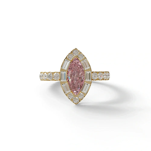 1 Carat Pink Marquise Halo Pave Lab Grown Diamond Ring - Luxe - 10K Solid Gold / Yellow Gold