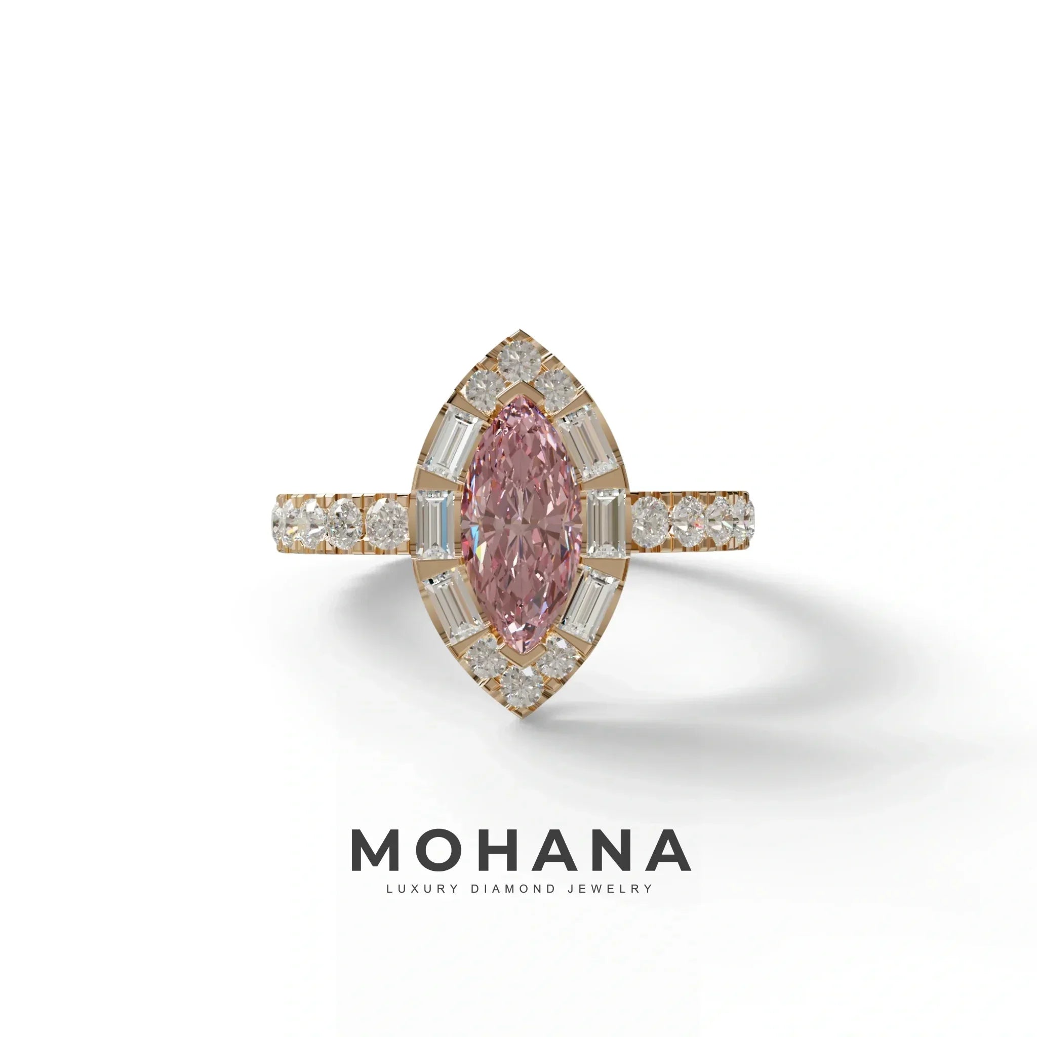 1 Carat Pink Marquise Halo Pave Lab Grown Diamond Ring - Luxe - 10K Solid Gold / Rose Gold