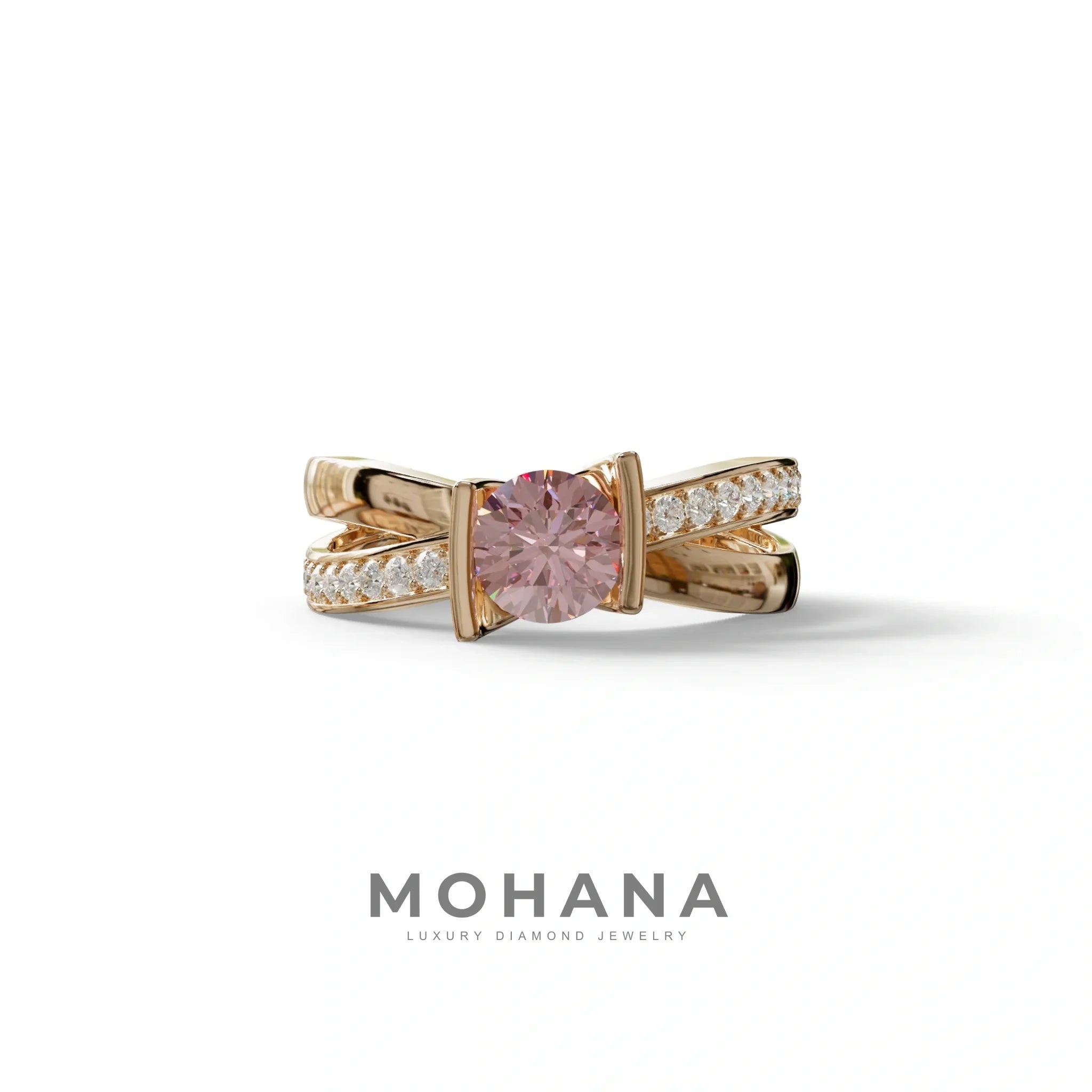 1 Carat Pink Round Cut Lab Diamond Crossover Ring Pave Setting - Lisa - 10K Solid Gold / Rose Gold