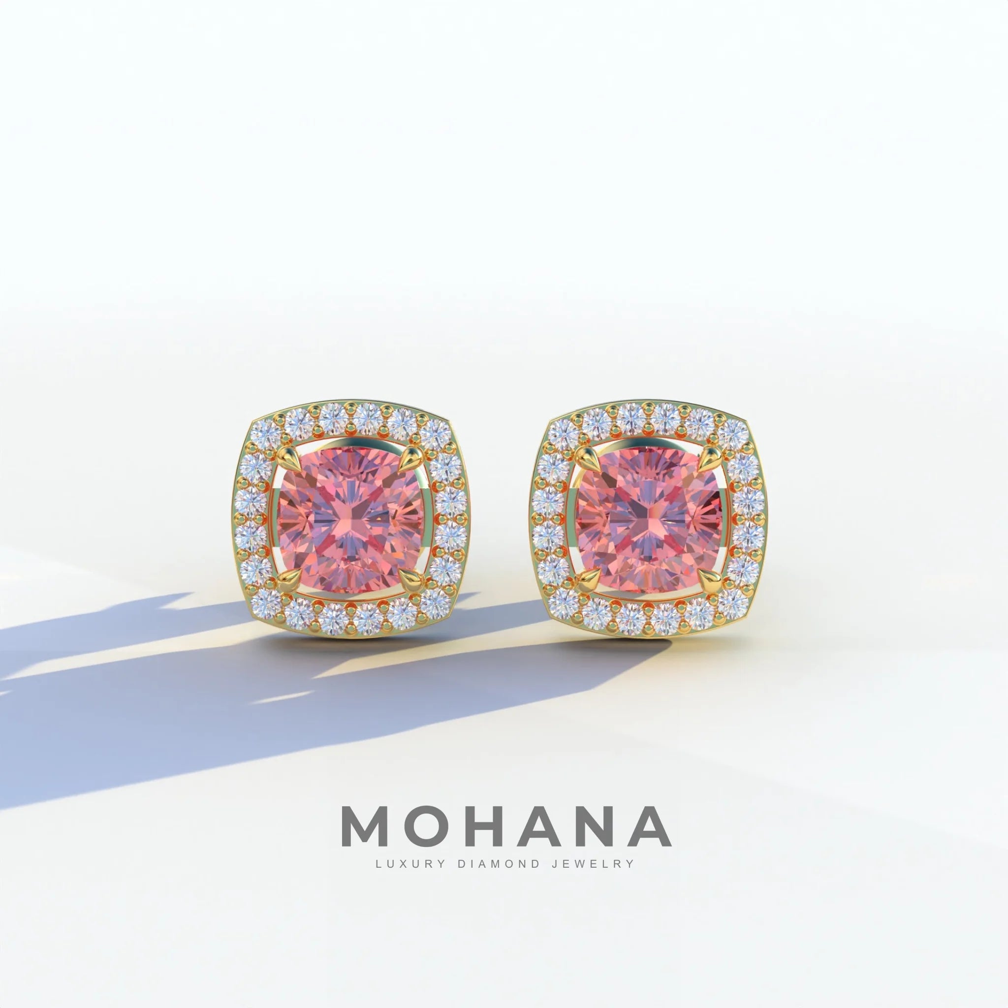 Kiara - Cushion Cut Pink Diamond Stud Earrings | Halo Earring Setting - 10K Solid Gold / Yellow Gold