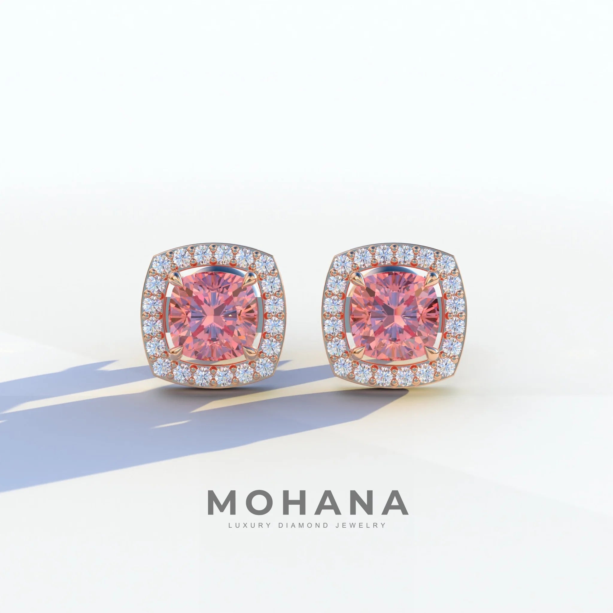 Kiara - Cushion Cut Pink Diamond Stud Earrings | Halo Earring Setting - 10K Solid Gold / Rose Gold