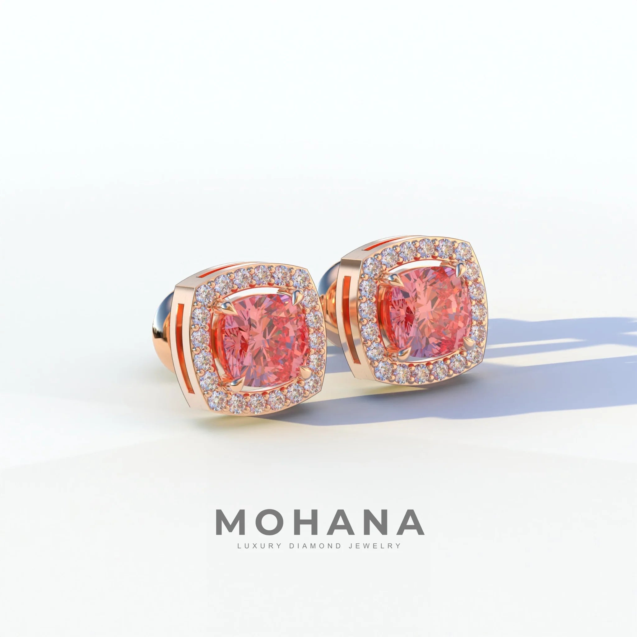 Kiara - Cushion Cut Pink Diamond Stud Earrings | Halo Earring Setting