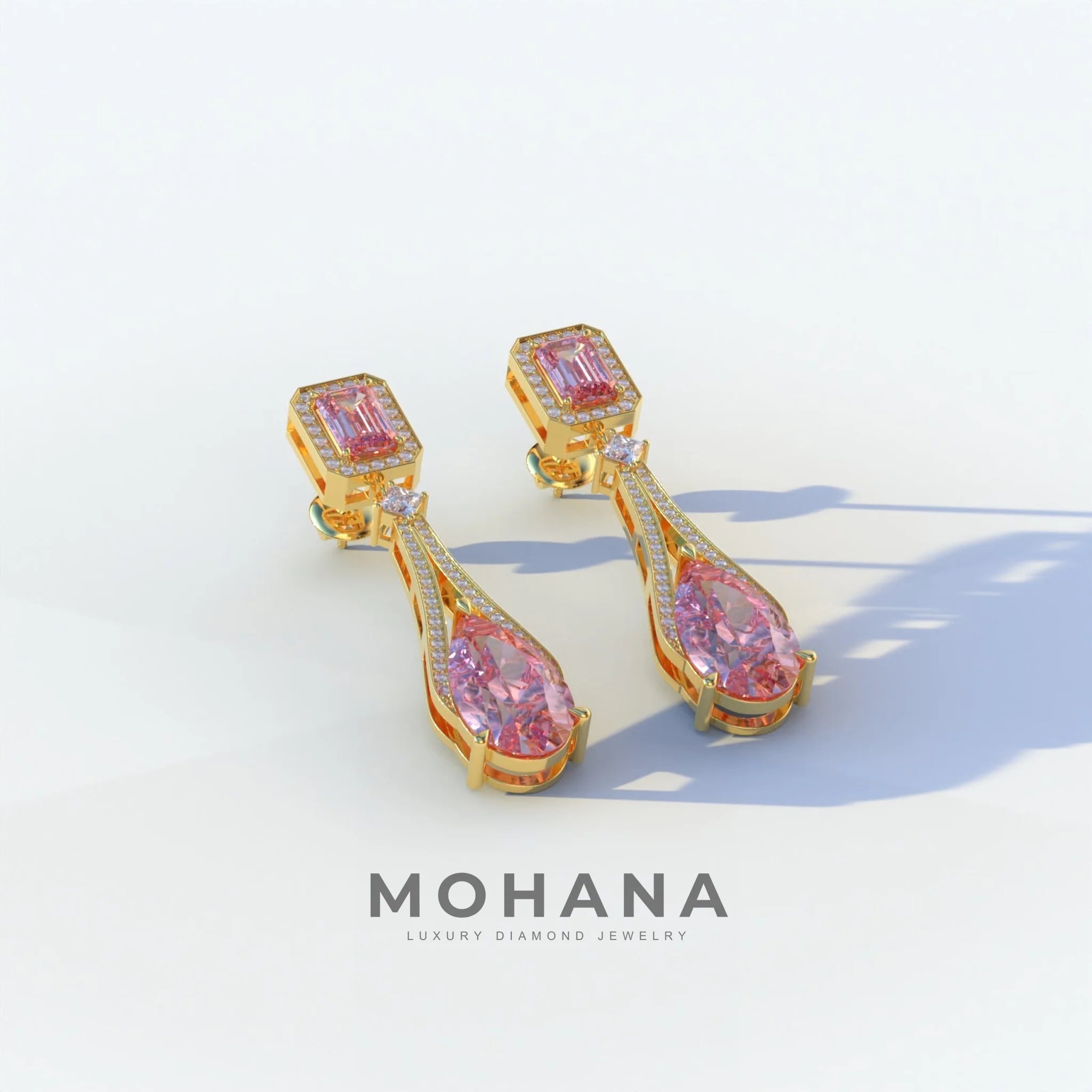 Canary - Pink Color Pear & Emerald Diamond Drop Earrings | Fancy Halo Setting | Certified