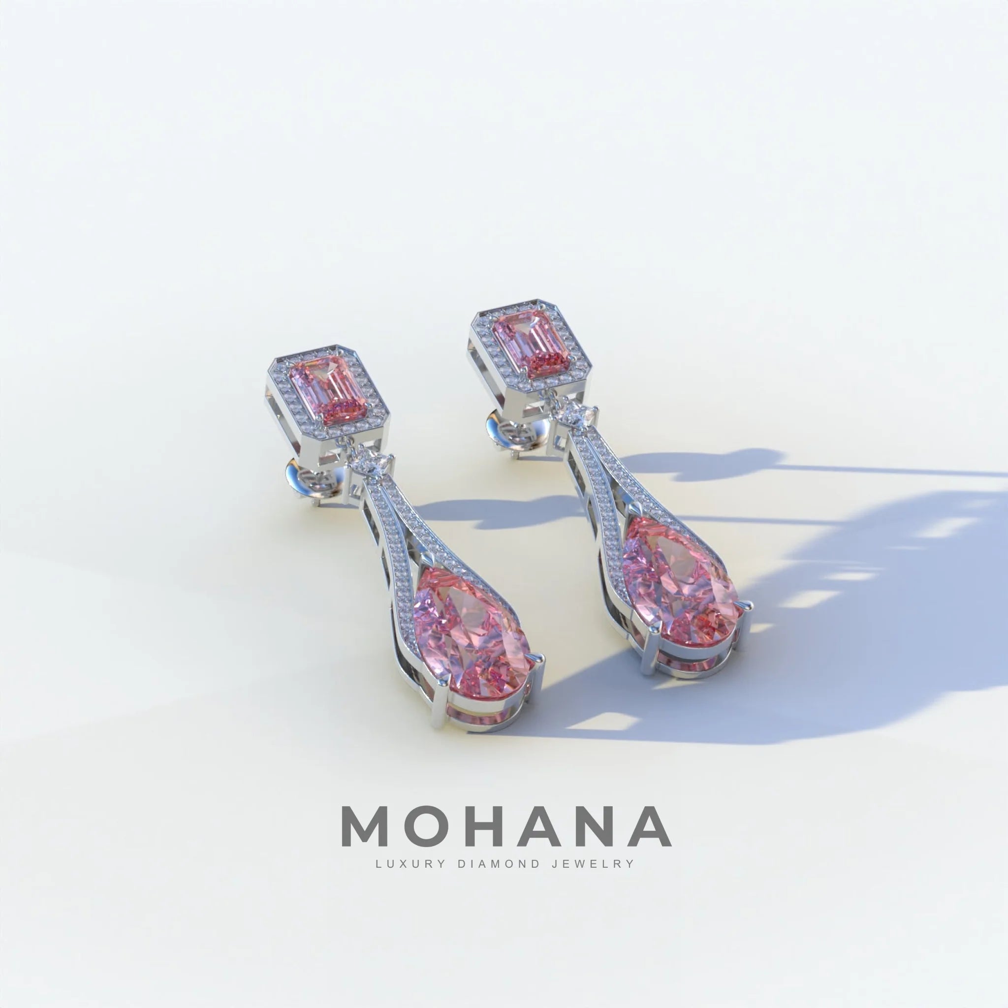 Canary - Pink Color Pear & Emerald Diamond Drop Earrings | Fancy Halo Setting | Certified