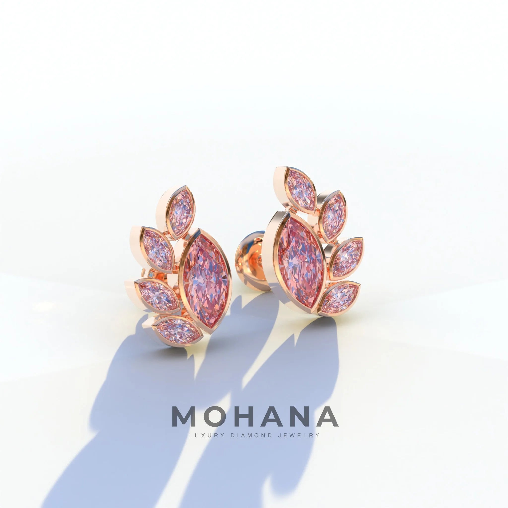 Pink Marquise Cut Lab Diamond Stud Earrings | Stunning Bezel Setting - Gardenia Cluster