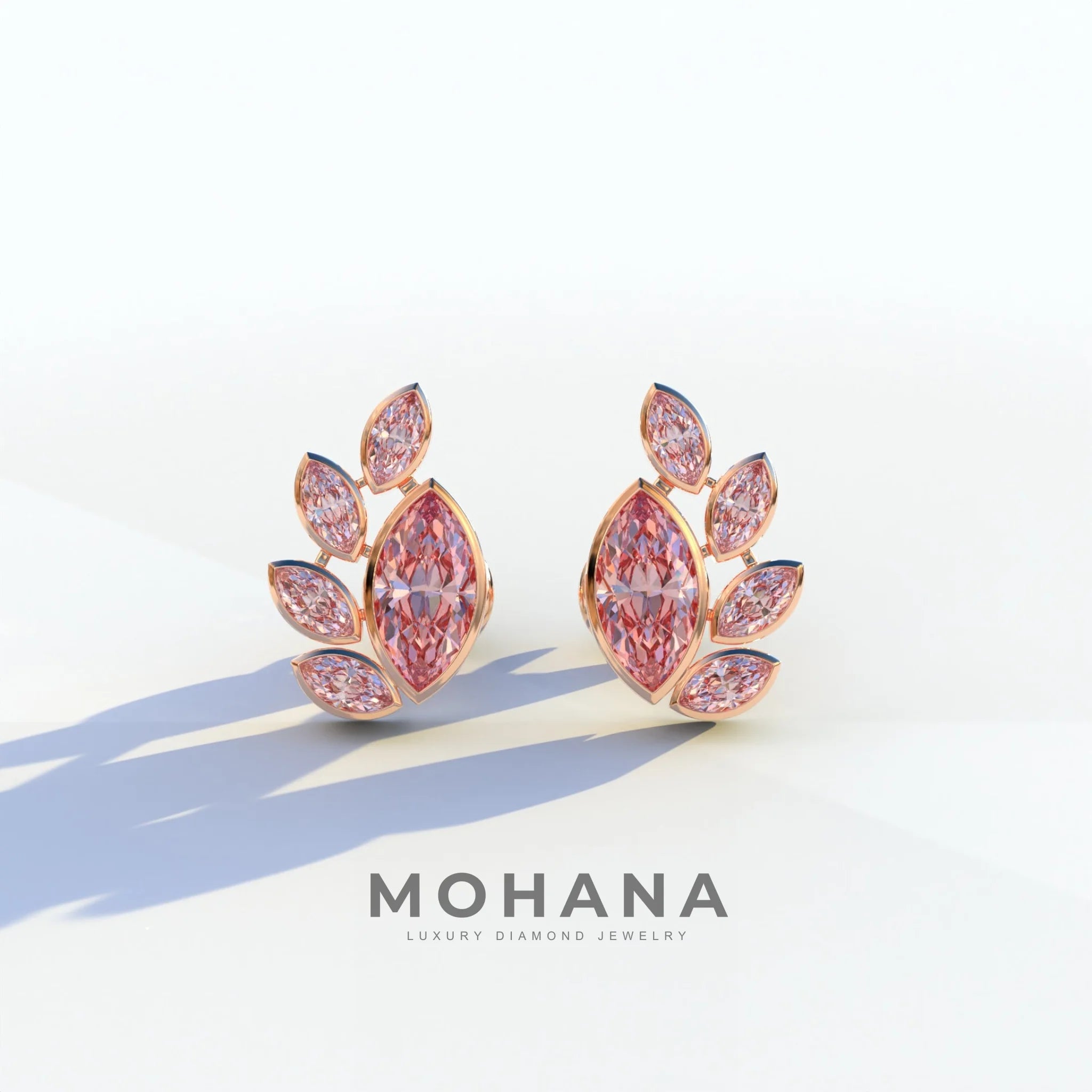 Pink Marquise Cut Lab Diamond Stud Earrings | Stunning Bezel Setting - Gardenia Cluster - 10K Solid Gold / Rose Gold