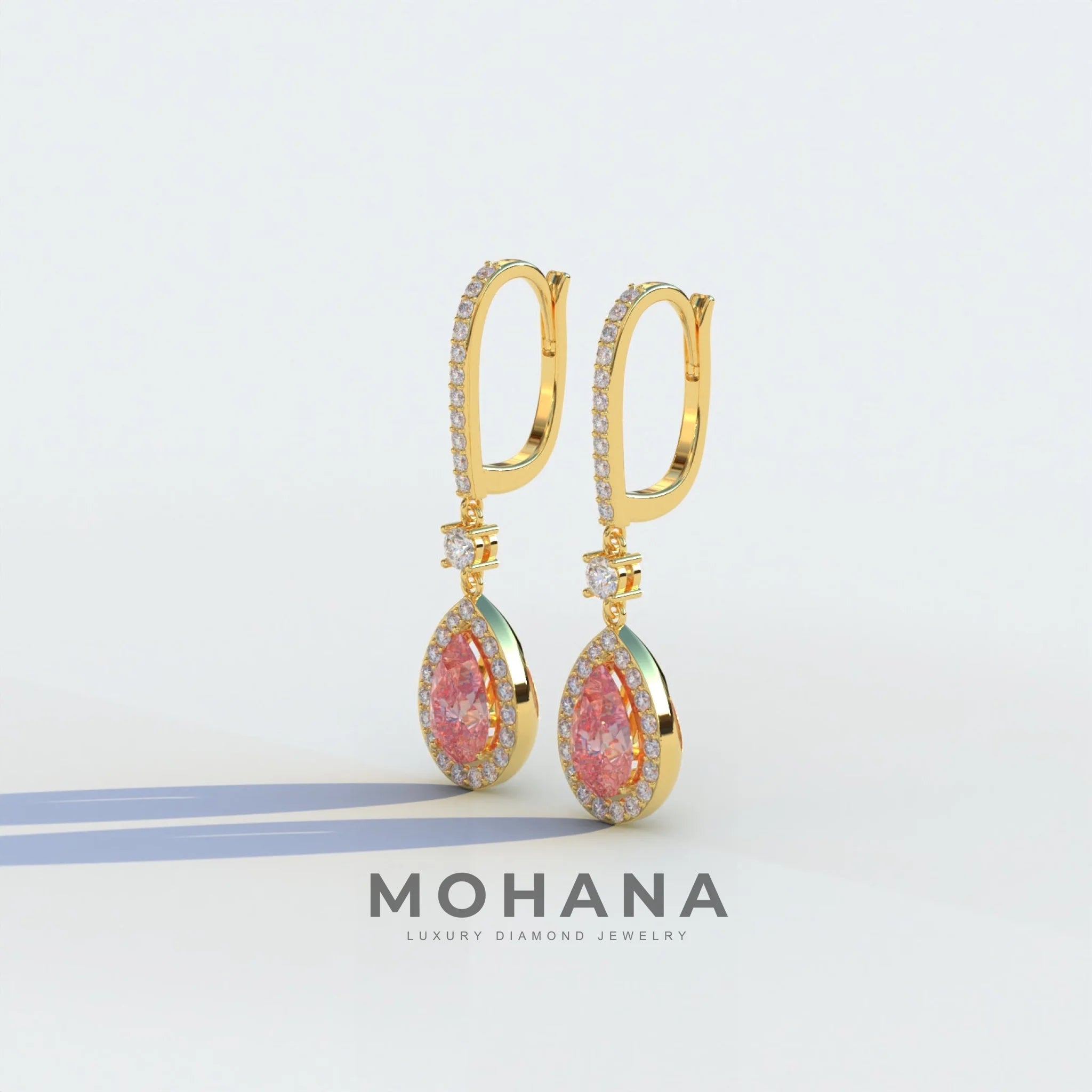 Cleopatra - Pear Cut Pink Color Diamond Stud Earrings | Halo & Pave Setting | Certified