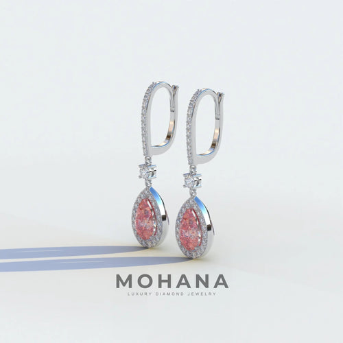 Cleopatra - Pear Cut Pink Color Diamond Stud Earrings | Halo & Pave Setting | Certified