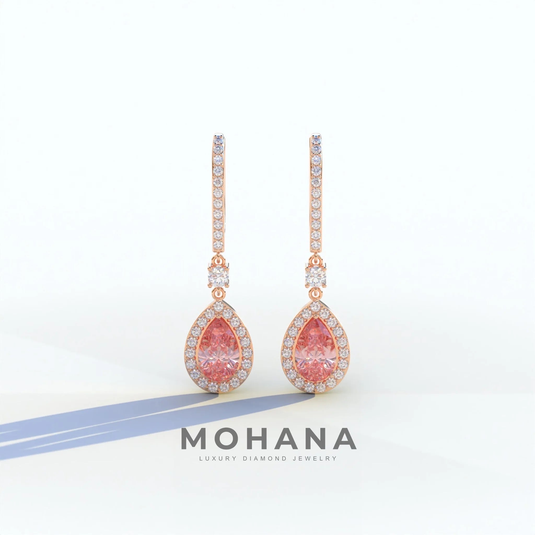 Cleopatra - Pear Cut Pink Color Diamond Stud Earrings | Halo & Pave Setting | Certified - 1 Carat Tw. Lab Diamond / 10K