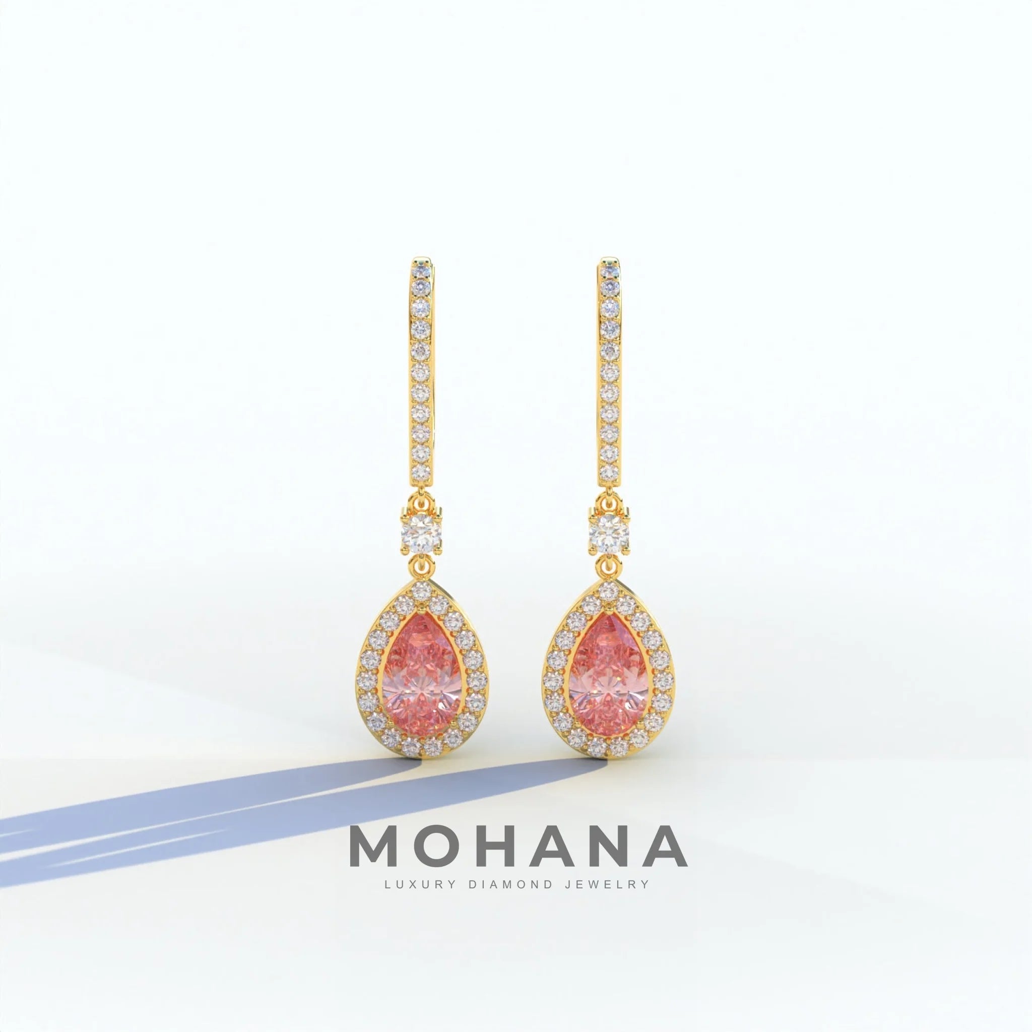 Cleopatra - Pear Cut Pink Color Diamond Stud Earrings | Halo & Pave Setting | Certified - 1 Carat Tw. Lab Diamond / 10K