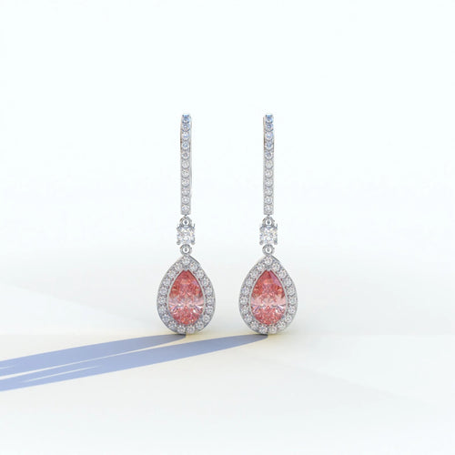 Cleopatra - Pear Cut Pink Color Diamond Stud Earrings | Halo & Pave Setting | Certified - 1 Carat Tw. Lab Diamond / 10K