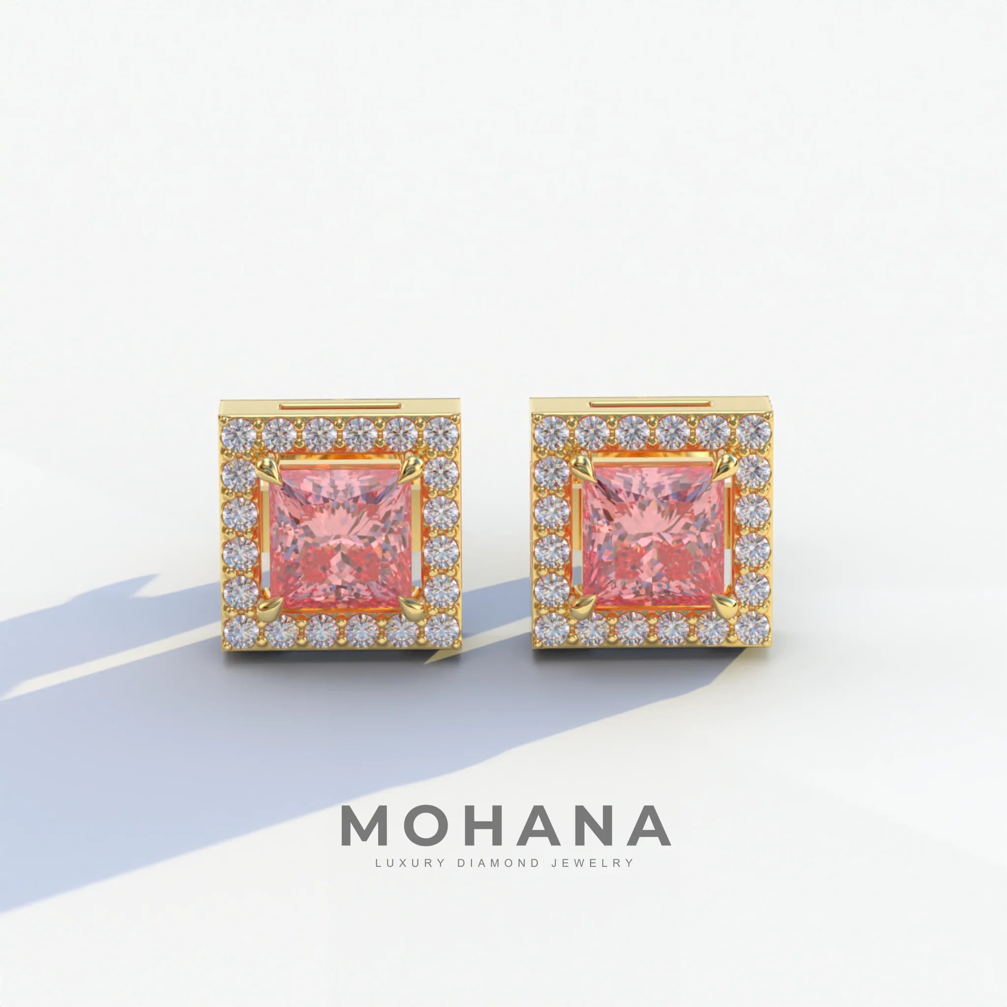 1 Carat Pink Princess Cut Lab Grown Diamond Halo Stud Earrings - 10K Solid Gold / Yellow Gold