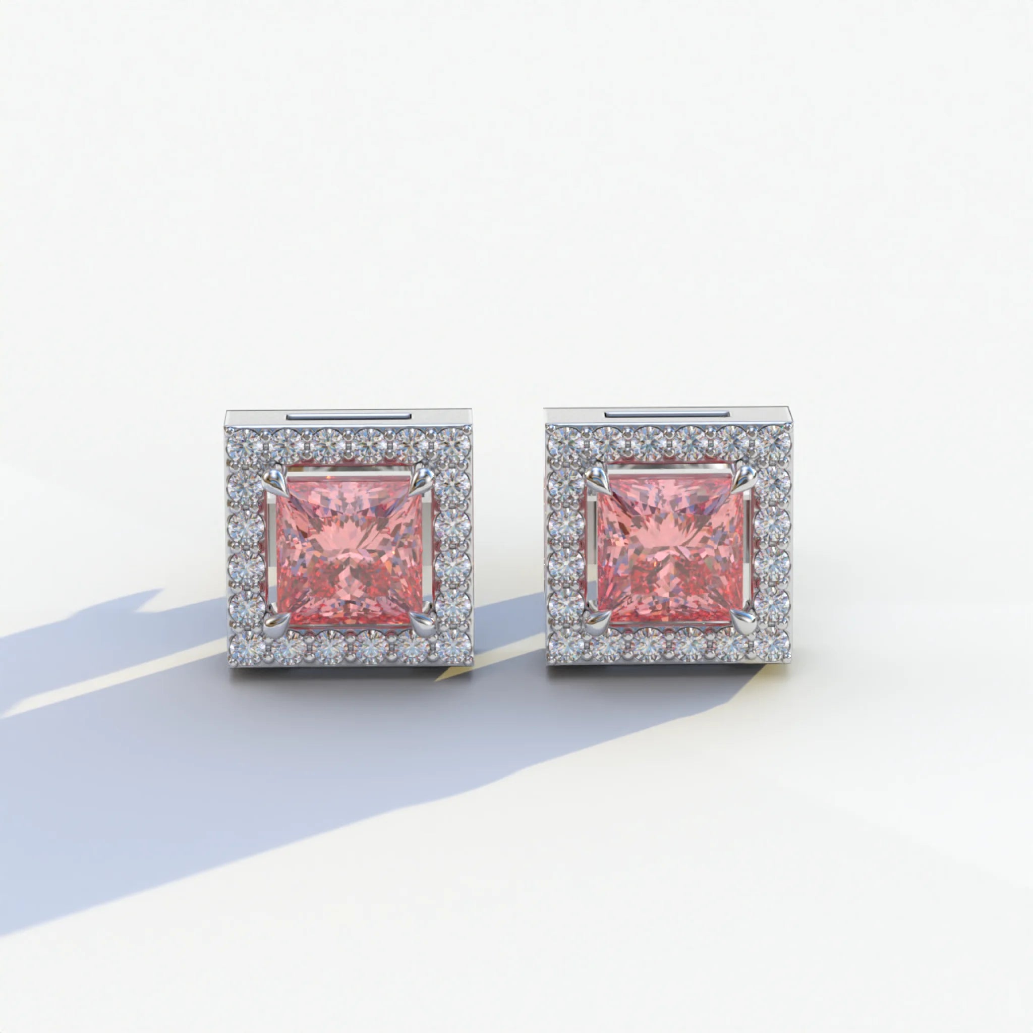 1 Carat Pink Princess Cut Lab Grown Diamond Halo Stud Earrings - 10K Solid Gold / White Gold