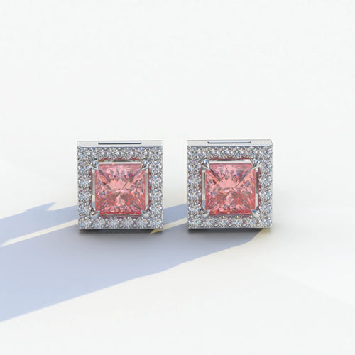 1 Carat Pink Princess Cut Lab Grown Diamond Halo Stud Earrings - 10K Solid Gold / White Gold