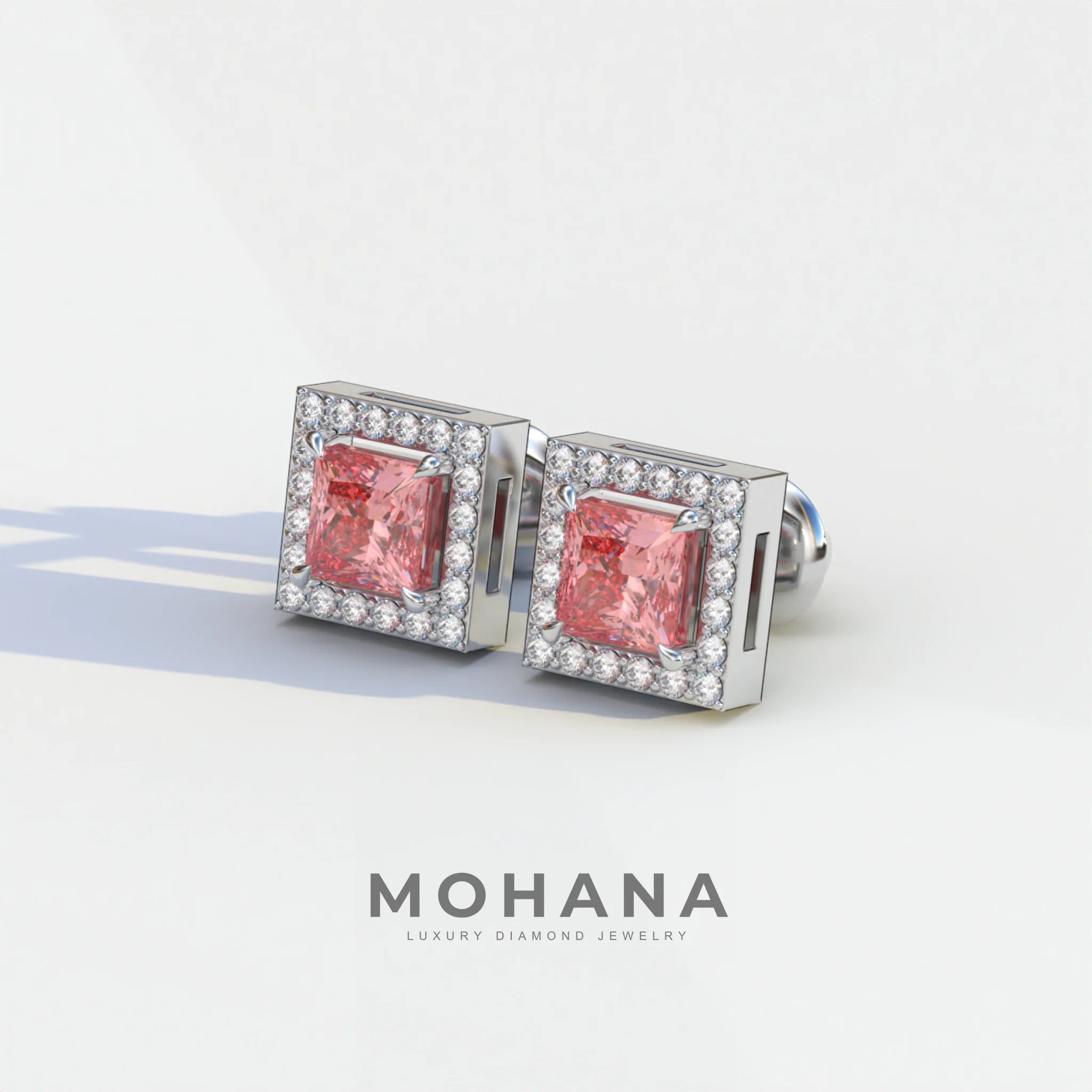 1 Carat Pink Princess Cut Lab Grown Diamond Halo Stud Earrings