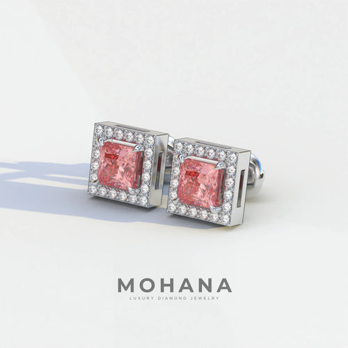 1 Carat Pink Princess Cut Lab Grown Diamond Halo Stud Earrings