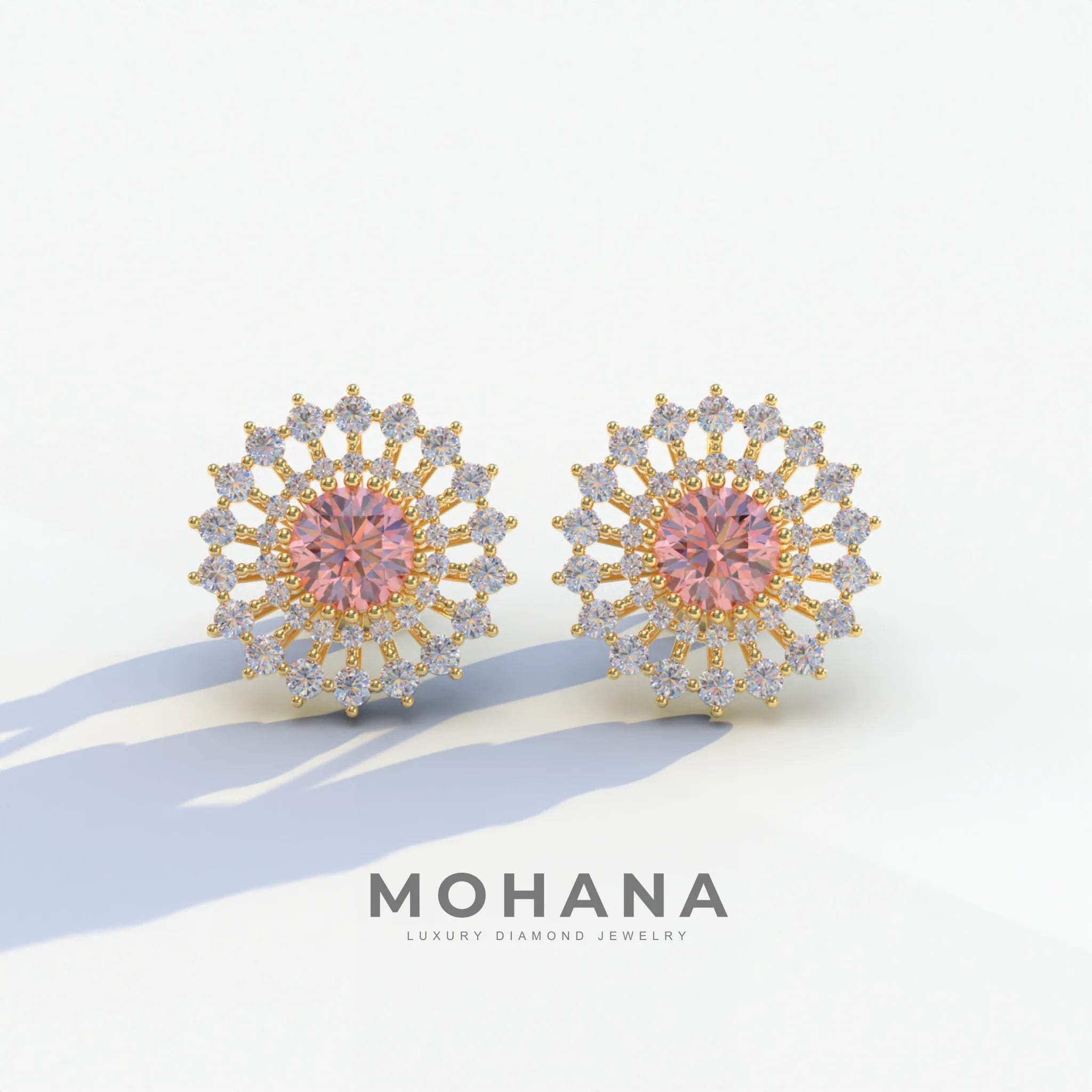 Aster - Pink Color Round Diamond Stud Earrings - 10K Solid Gold / Yellow Gold