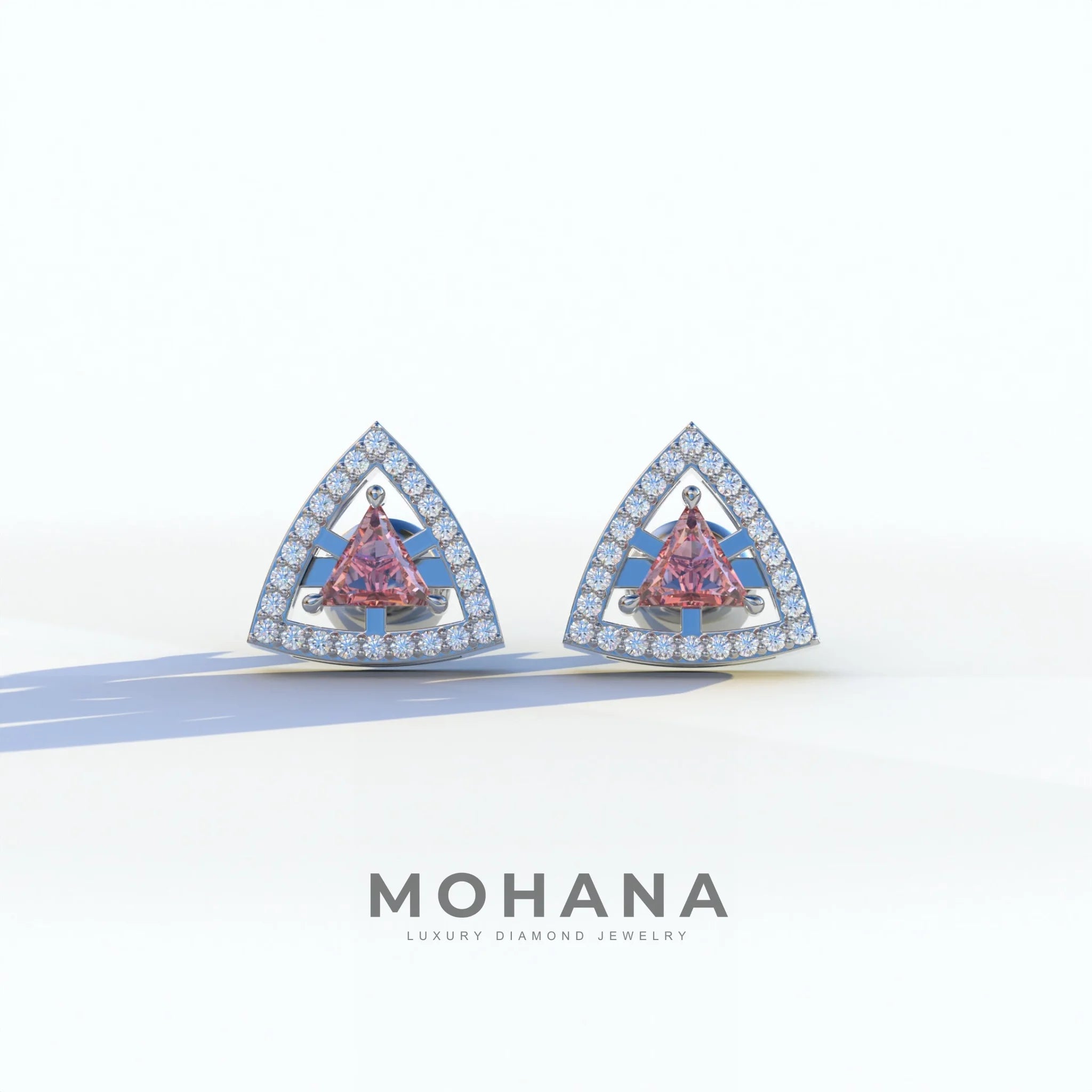 Pink Color Triangle Cut Lab Diamond Halo Stud Earrings - Trinity - 10K Solid Gold / White Gold