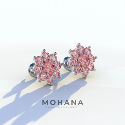 Persee - Round Pink Diamond Stud Earrings| Piercing Flower Setting