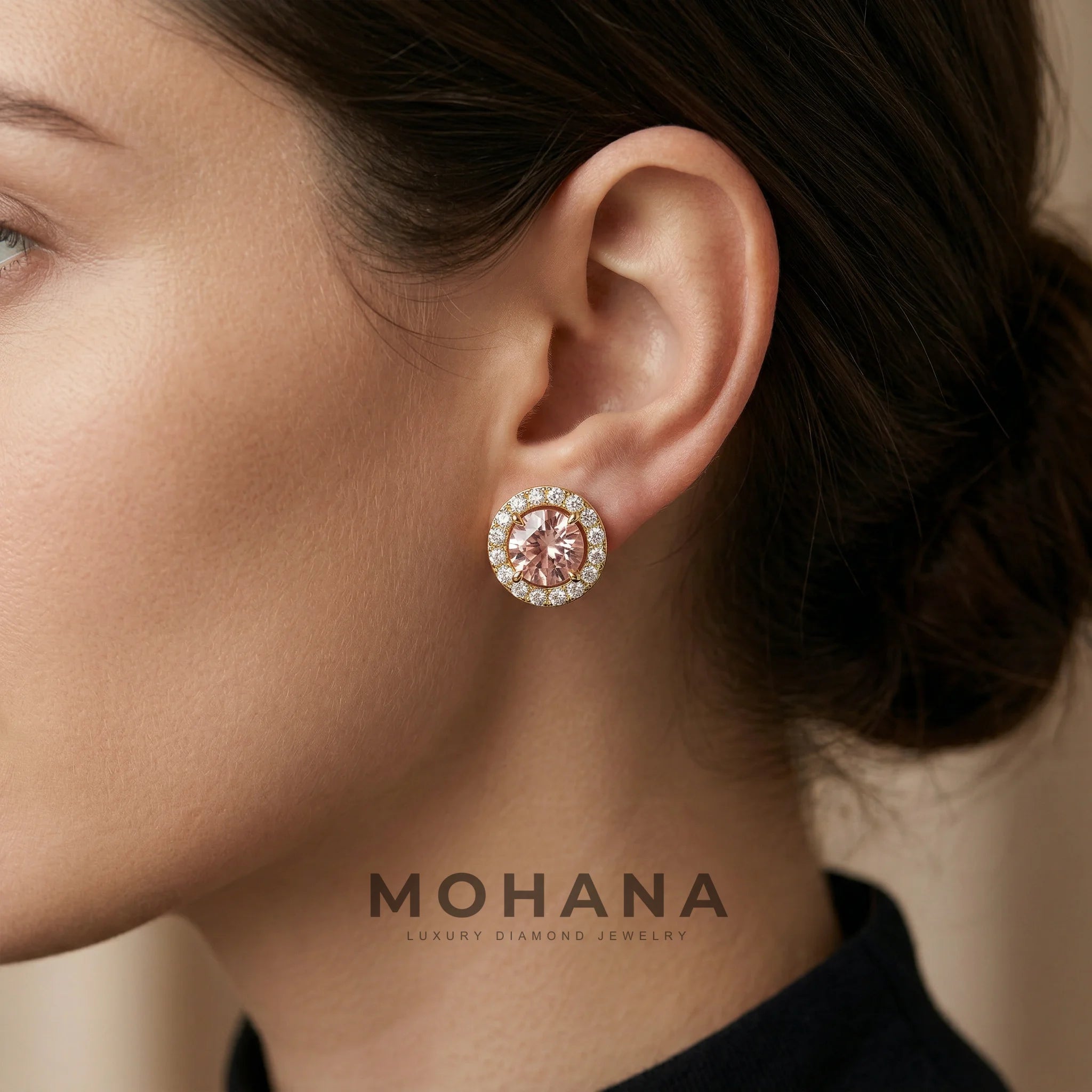 Ciera - Pink Color Round Diamond Stud Earrings | Halo Setting | Certified