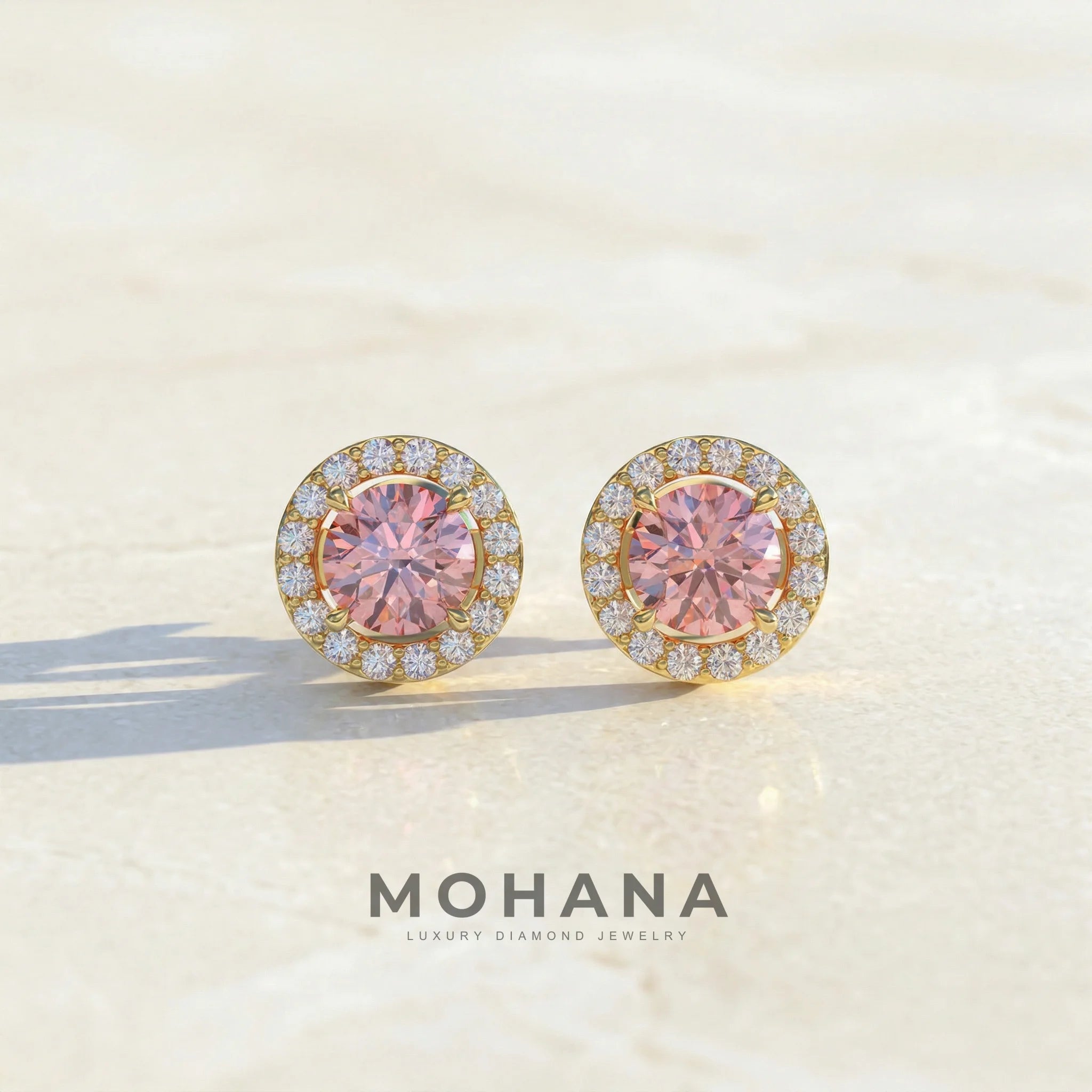 Ciera - Pink Color Round Diamond Stud Earrings | Halo Setting | Certified