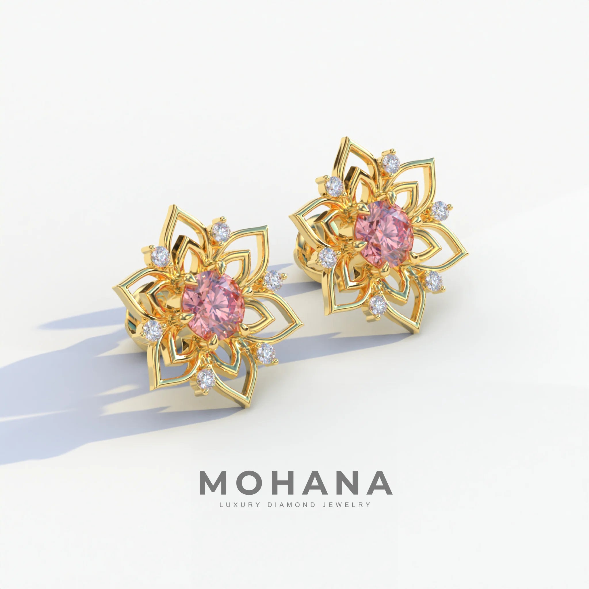 Daffodil - Pink Color Round Cut Diamond Earrings| Beautiful Claw Prong Setting | Certified
