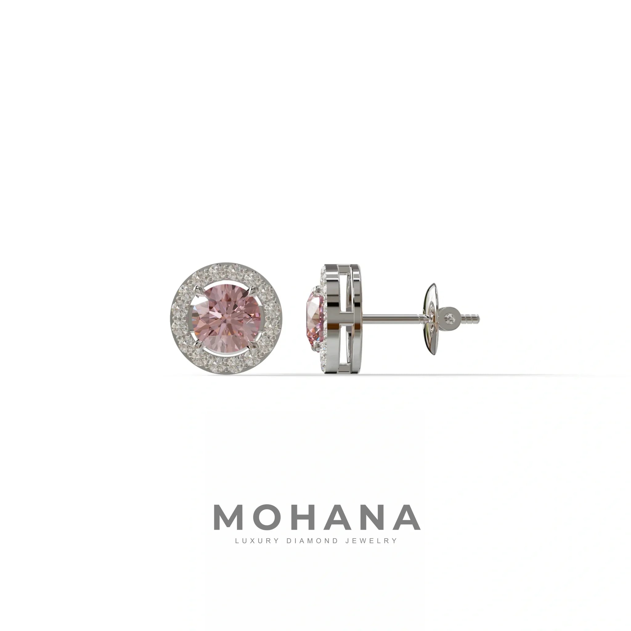 Ciera - Pink Color Round Diamond Stud Earrings | Halo Setting | Certified