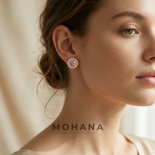 Ciera - Pink Color Round Diamond Stud Earrings | Halo Setting | Certified