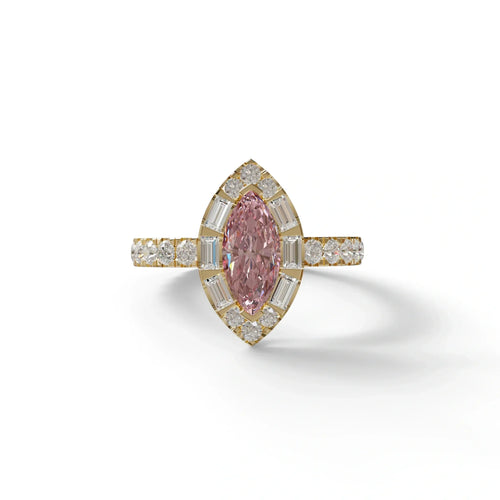 1 Carat Pink Marquise Halo Pave Lab Grown Diamond Ring - Luxe - 10K Solid Gold / Yellow Gold