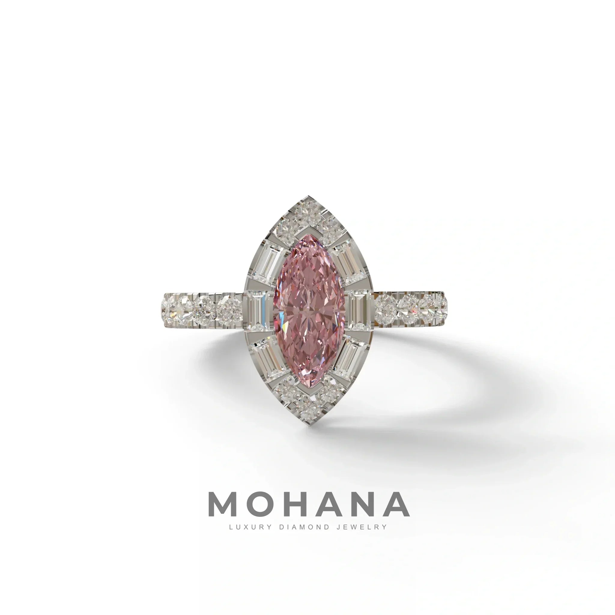 1 Carat Pink Marquise Halo Pave Lab Grown Diamond Ring - Luxe - 10K Solid Gold / White Gold
