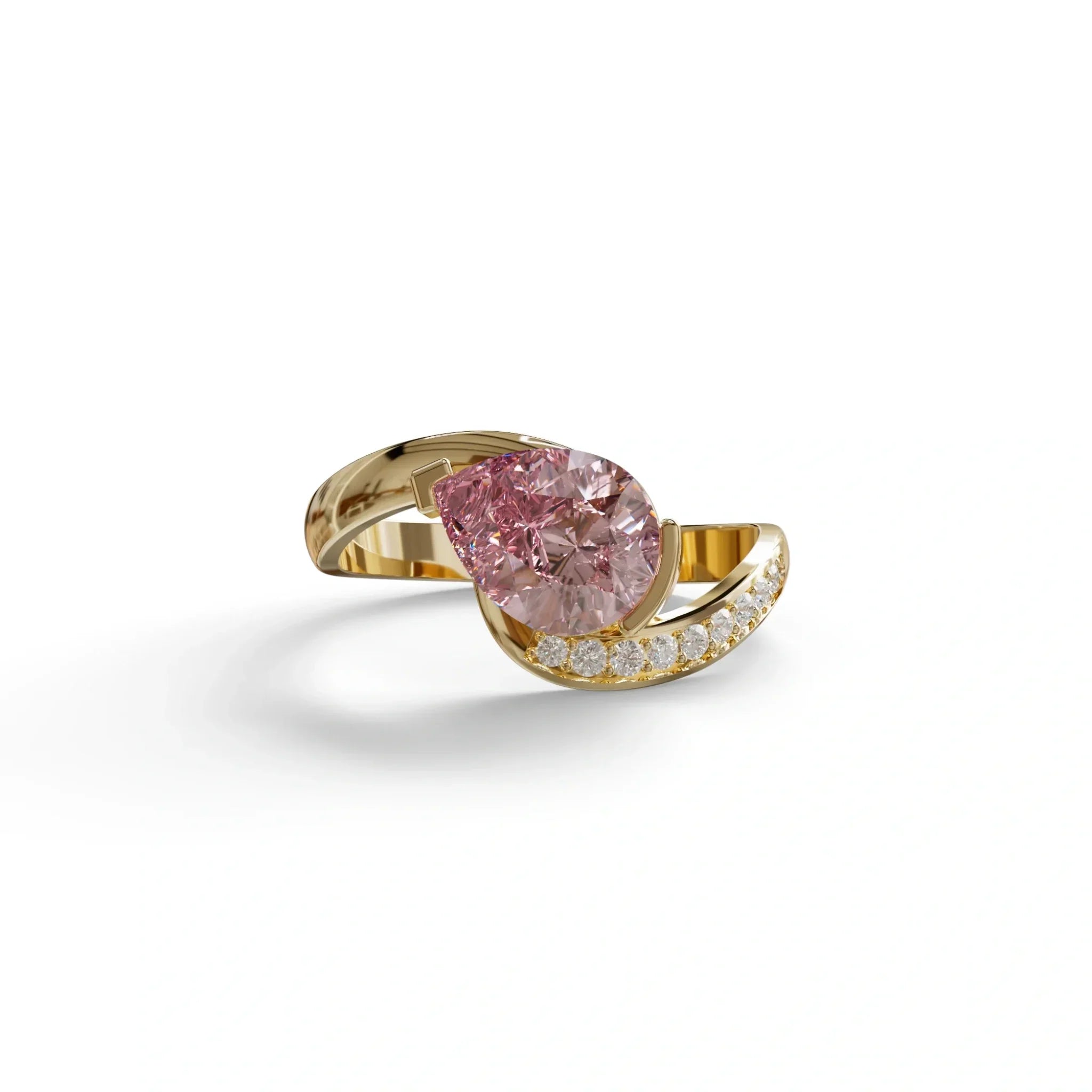 1 Carat Pink Pear Cut Unique Lab Grown Diamond Ring - Capricorn - 10K Solid Gold / Yellow Gold