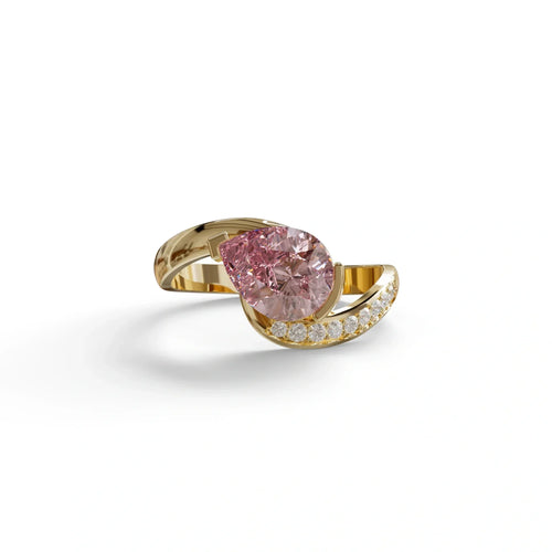 1 Carat Pink Pear Cut Unique Lab Grown Diamond Ring - Capricorn - 10K Solid Gold / Yellow Gold