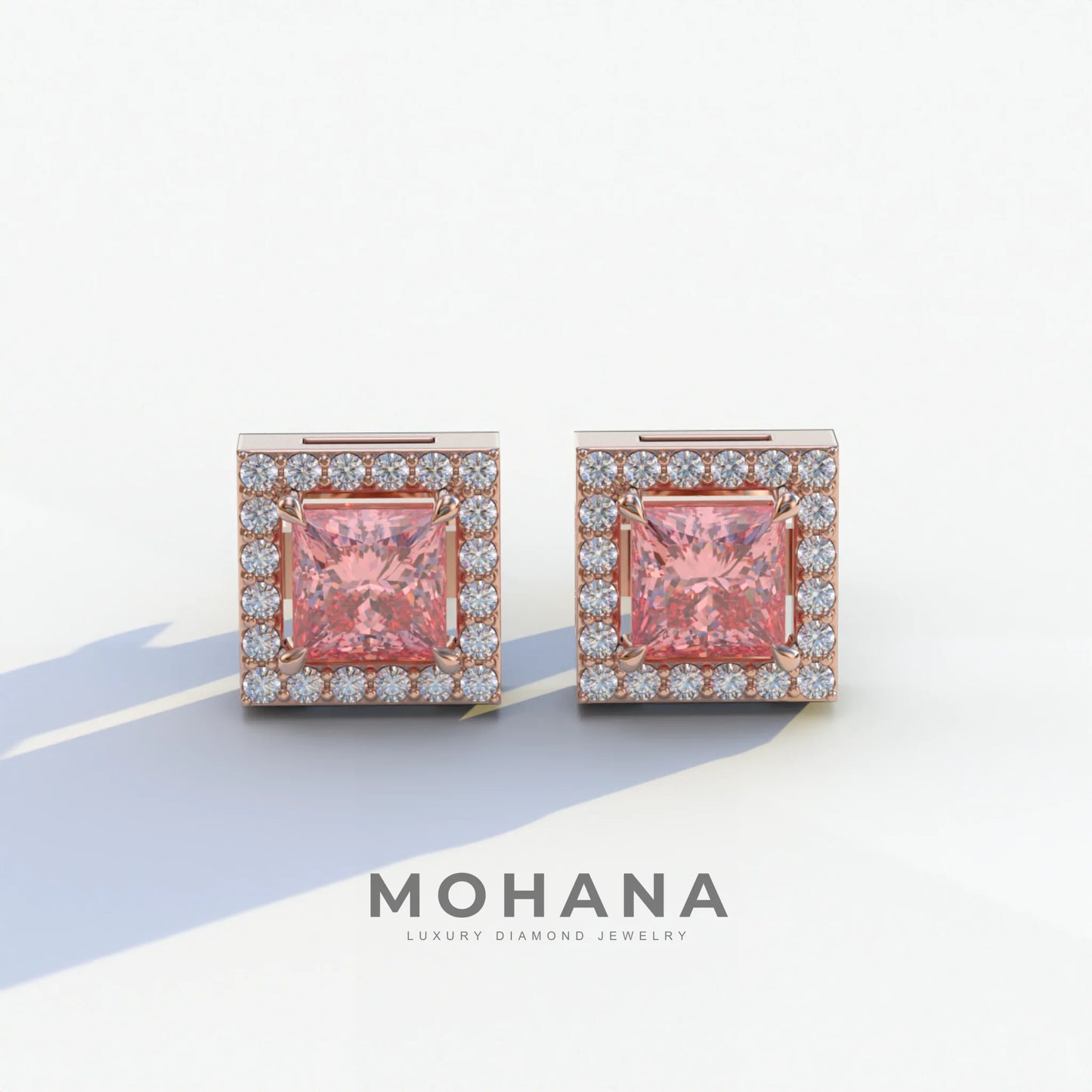 1 Carat Pink Princess Cut Lab Grown Diamond Halo Stud Earrings - 10K Solid Gold / Rose Gold