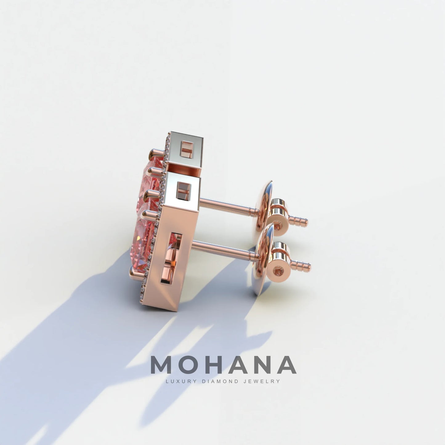 1 Carat Pink Princess Cut Lab Grown Diamond Halo Stud Earrings