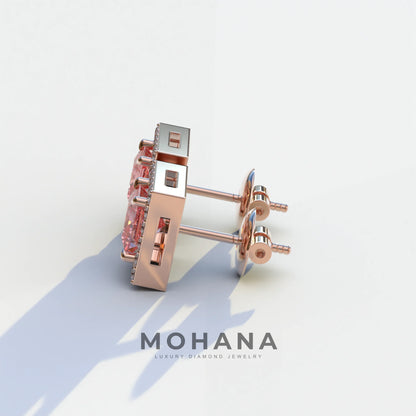 1 Carat Pink Princess Cut Lab Grown Diamond Halo Stud Earrings