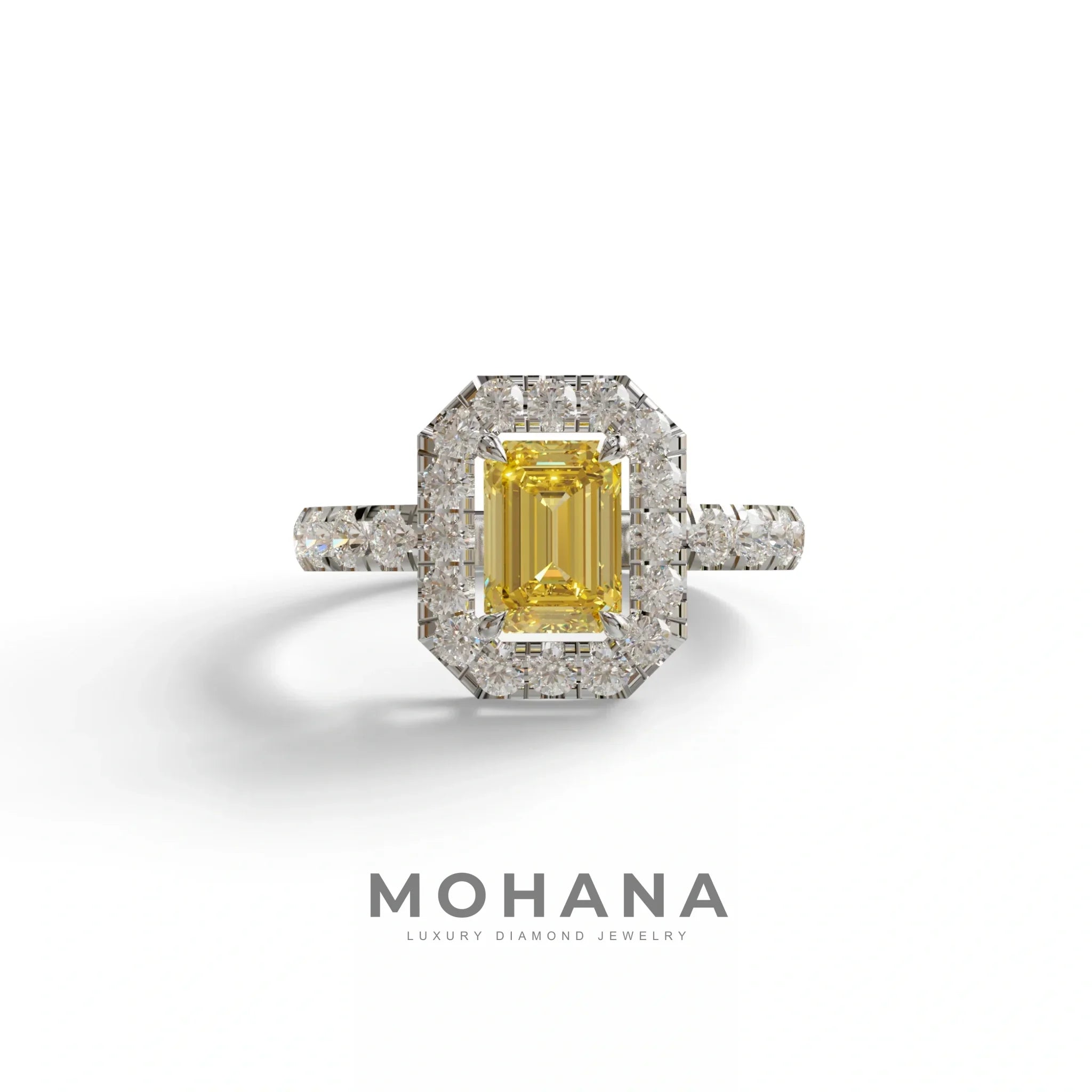 1 Carat Fancy Yellow Emerald Cut Lab Diamond Halo Engagement Ring - Freesia - 10K Solid Gold / White Gold