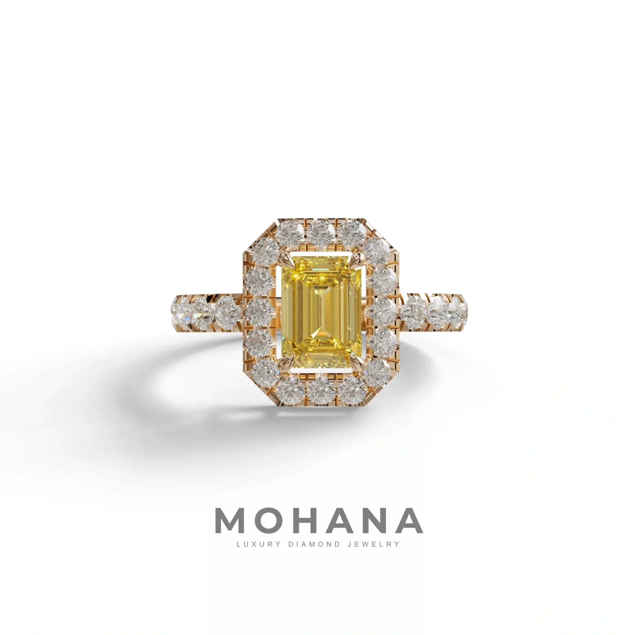 1 Carat Fancy Yellow Emerald Cut Lab Diamond Halo Engagement Ring - Freesia - 10K Solid Gold / Rose Gold