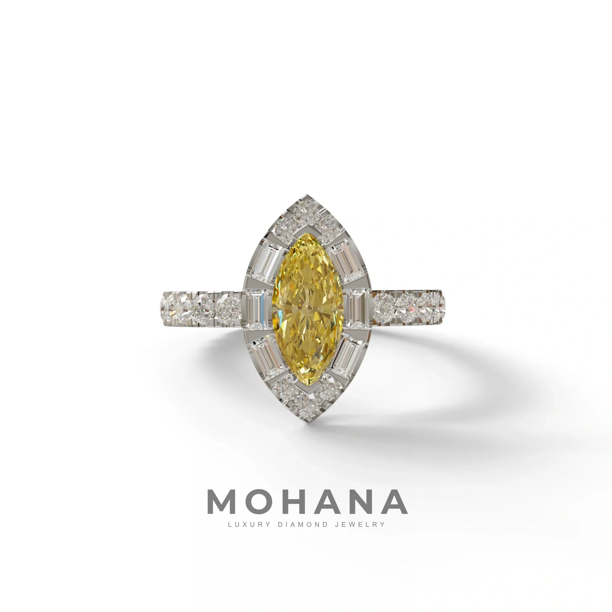 1 Carat Yellow Marquise Halo Pave Lab Grown Diamond Ring - Luxe - 10K Solid Gold / White Gold