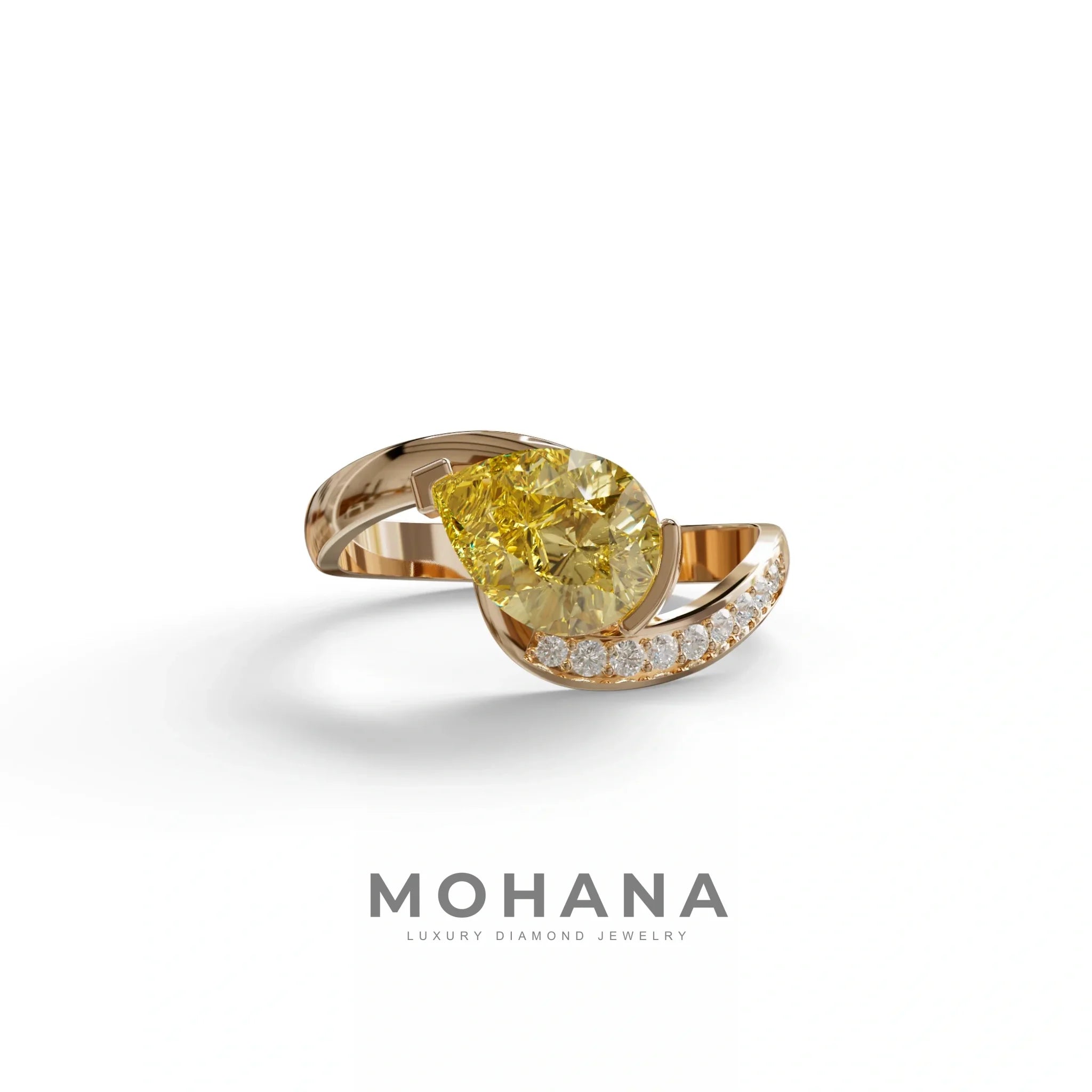 1 Carat Yellow Pear Cut Unique Lab Grown Diamond Ring - Capricorn - 10K Solid Gold / Rose Gold