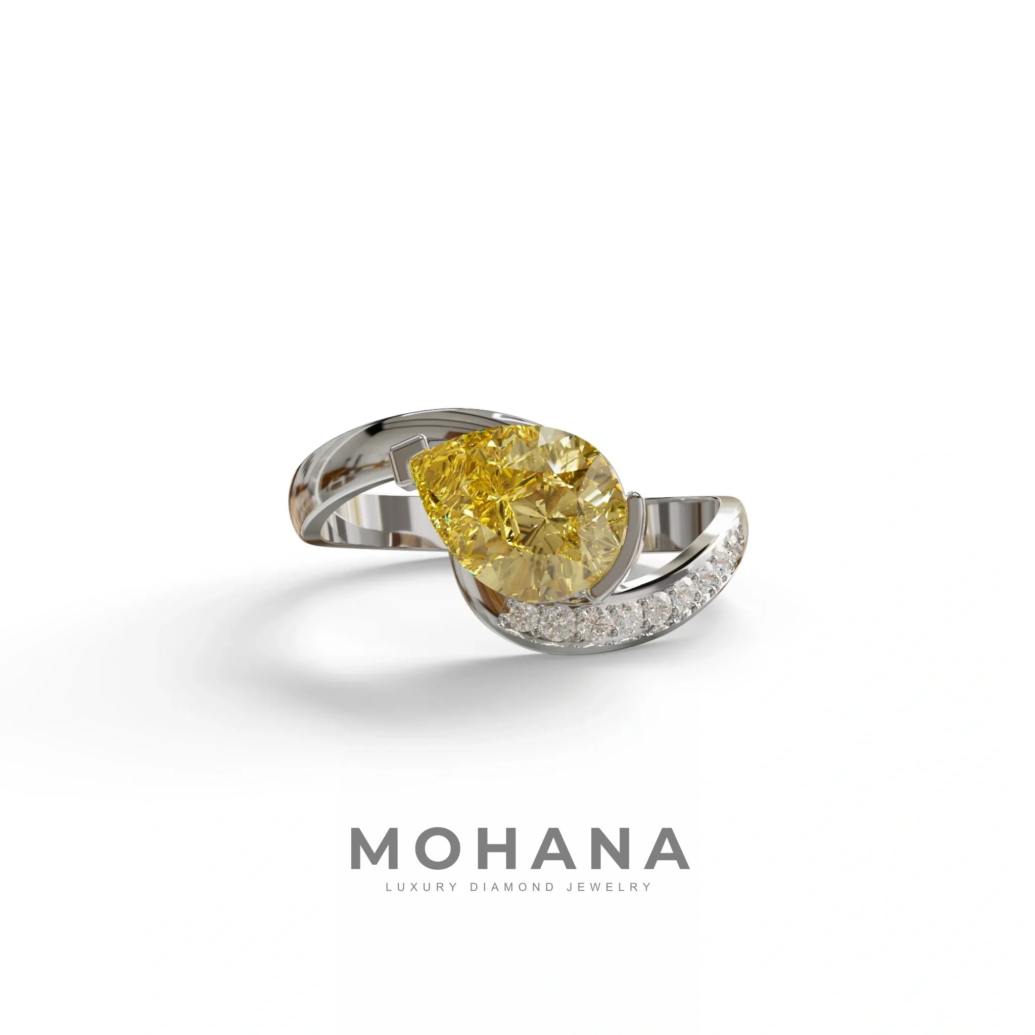 1 Carat Yellow Pear Cut Unique Lab Grown Diamond Ring - Capricorn - 10K Solid Gold / White Gold