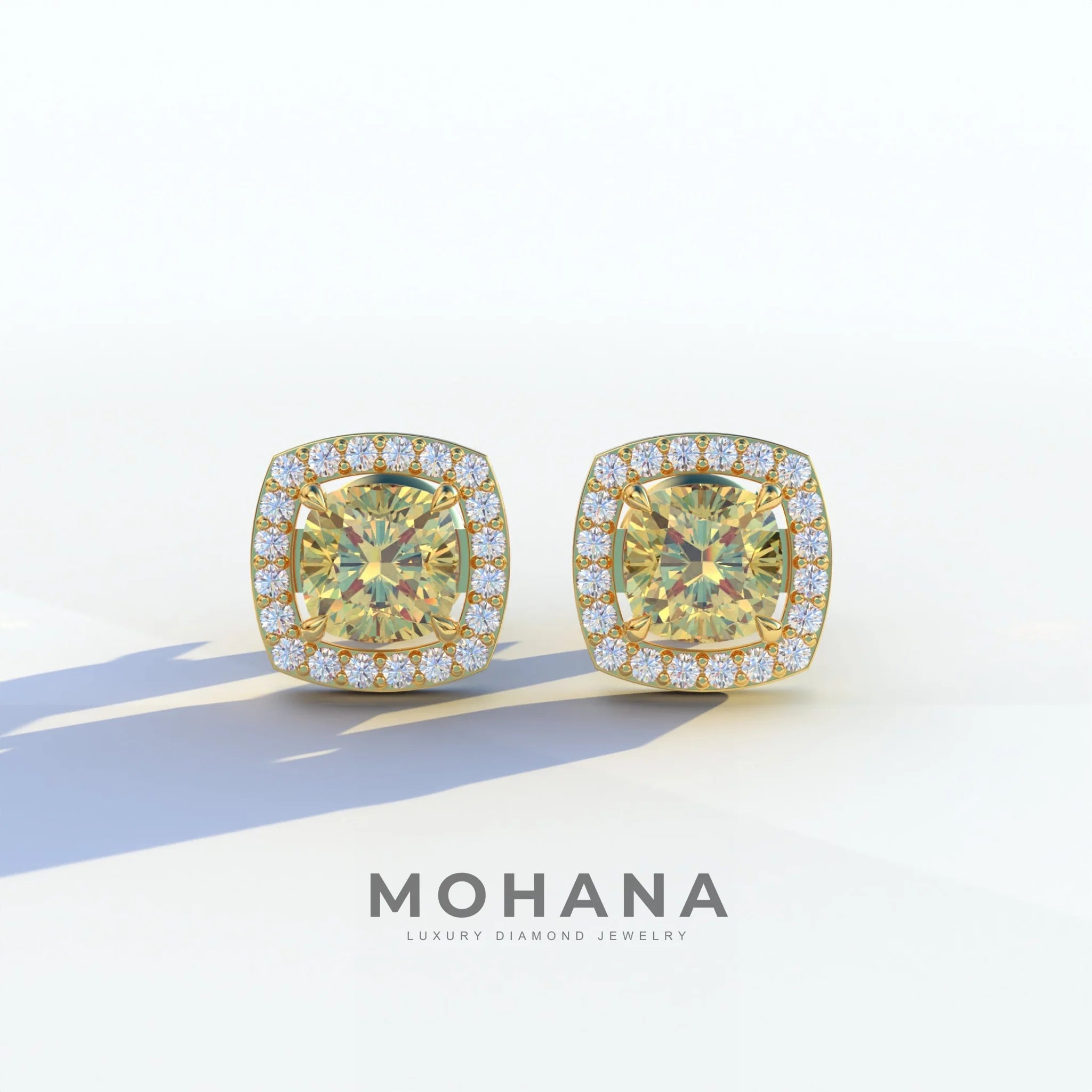 Kiara - Cushion Cut Yellow Diamond Stud Earrings | Halo Earring Setting - 10K Solid Gold / Yellow Gold