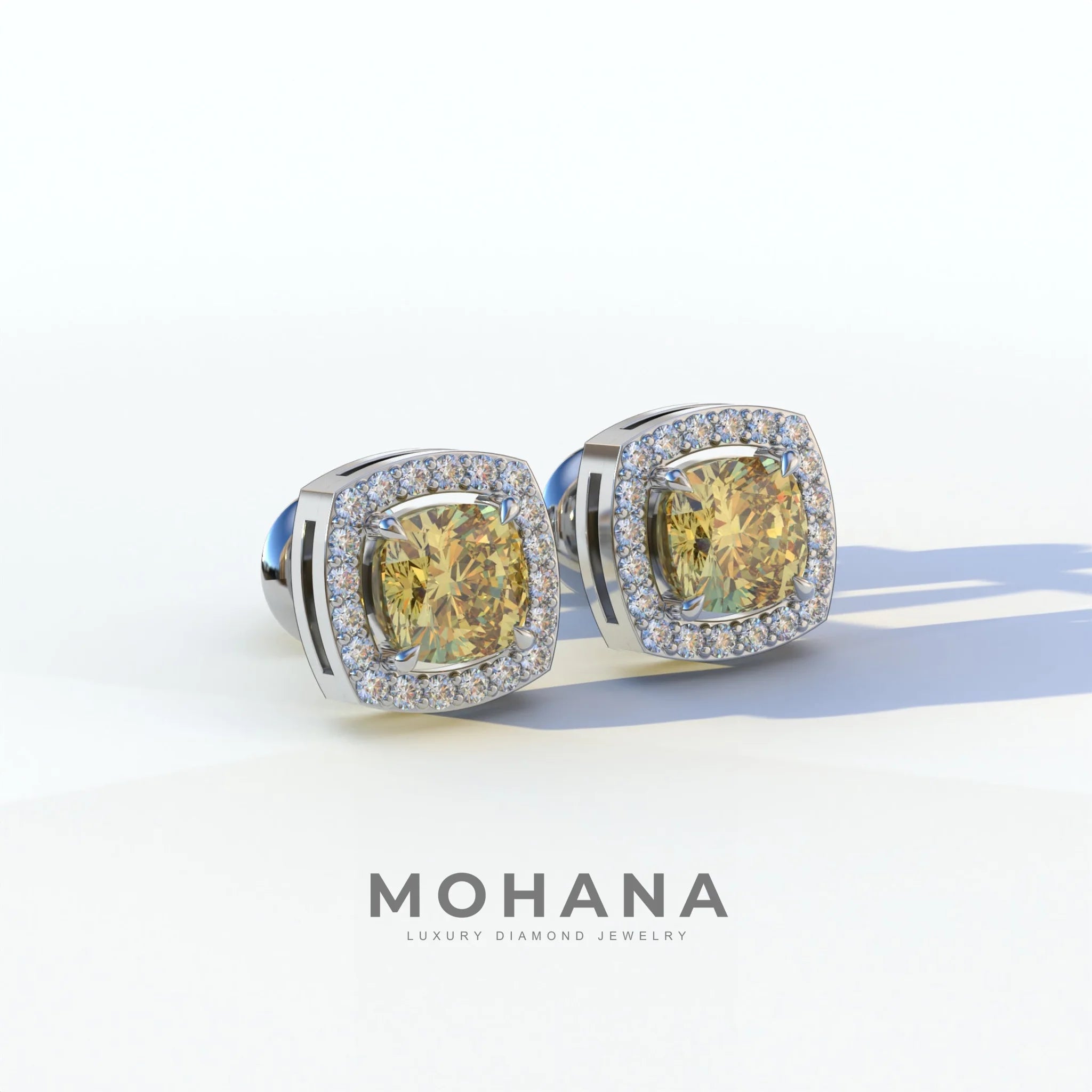 Kiara - Cushion Cut Yellow Diamond Stud Earrings | Halo Earring Setting