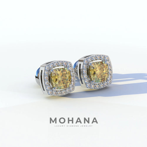 Kiara - Cushion Cut Yellow Diamond Stud Earrings | Halo Earring Setting