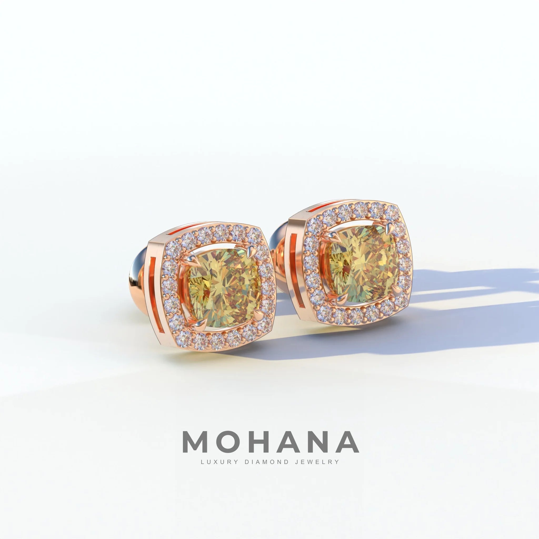Kiara - Cushion Cut Yellow Diamond Stud Earrings | Halo Earring Setting