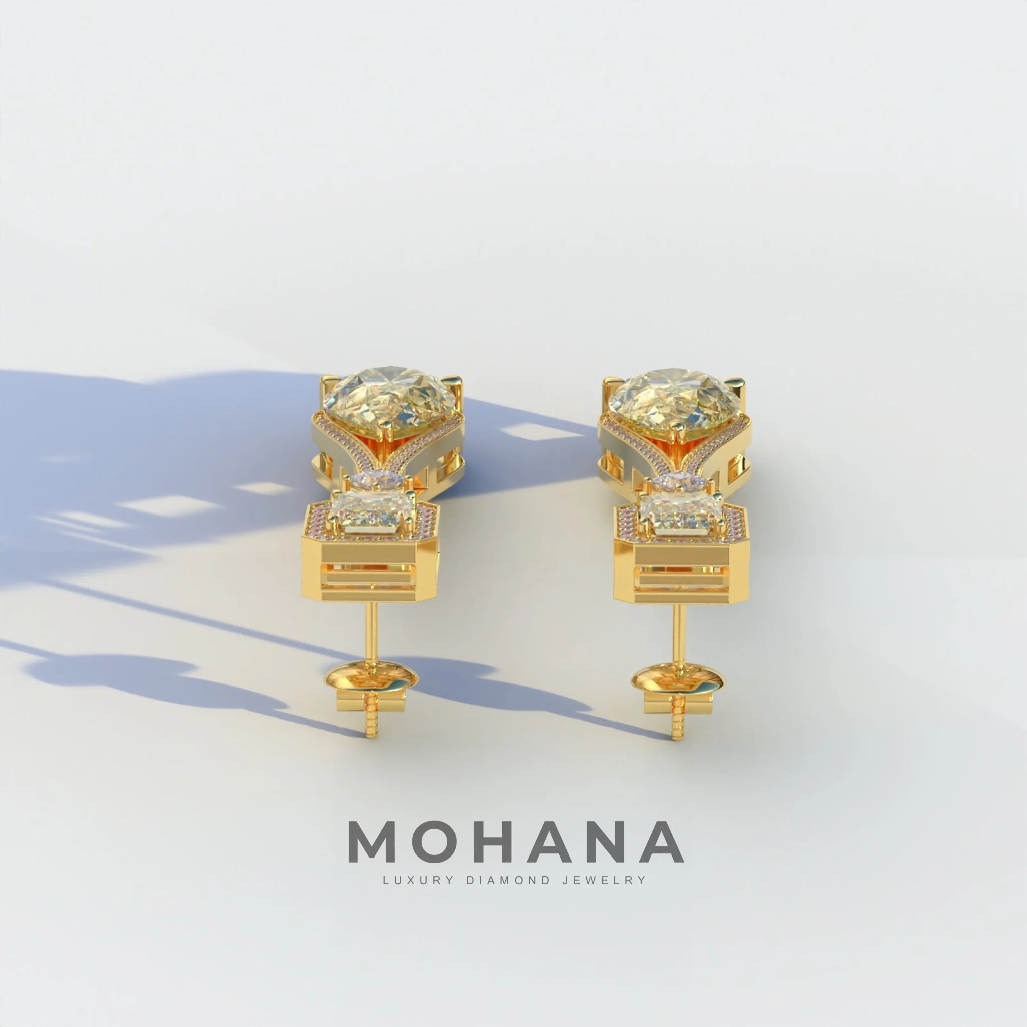 Canary - Yellow Color Pear & Emerald Diamond Drop Earrings | Fancy Halo Setting | Certified