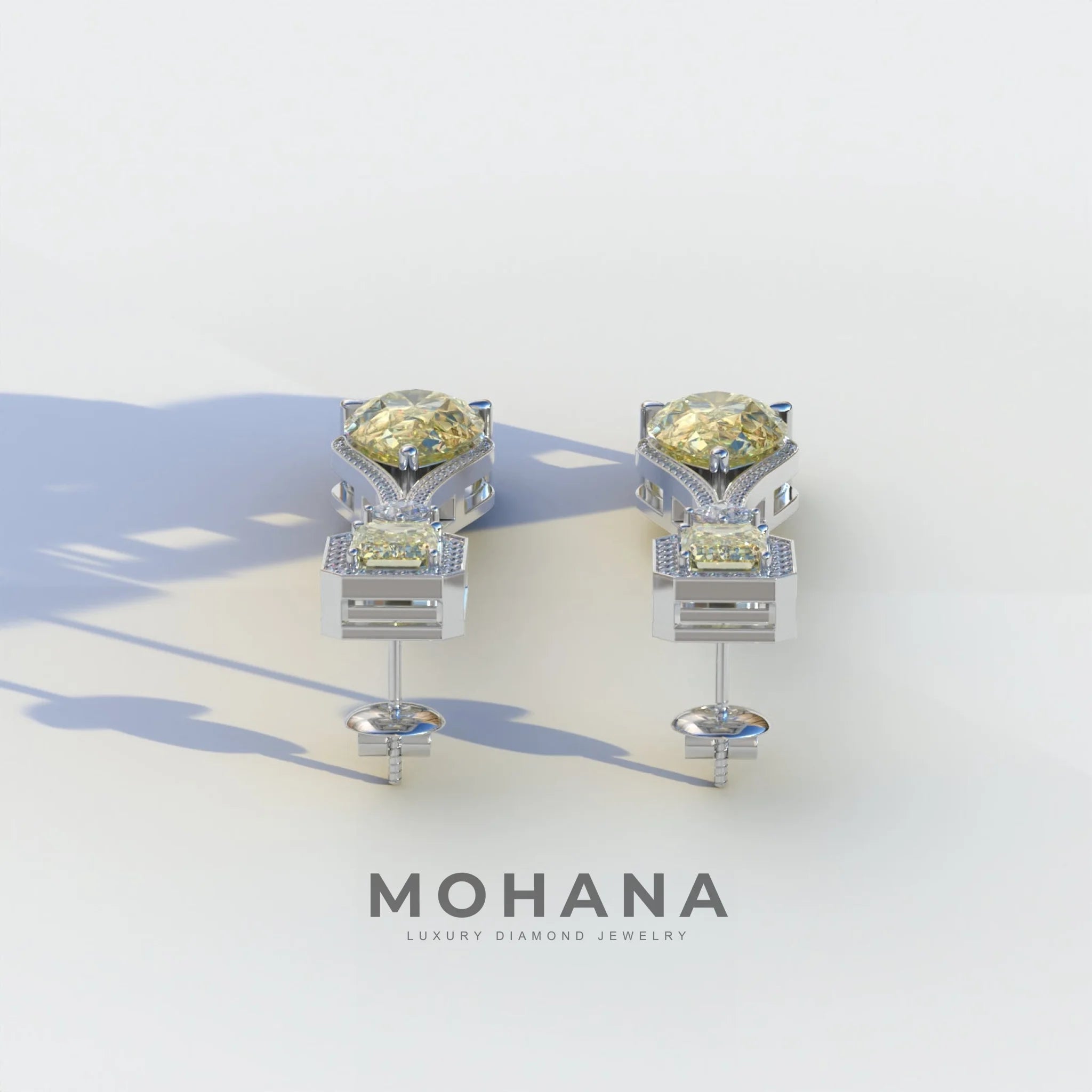 Canary - Yellow Color Pear & Emerald Diamond Drop Earrings | Fancy Halo Setting | Certified